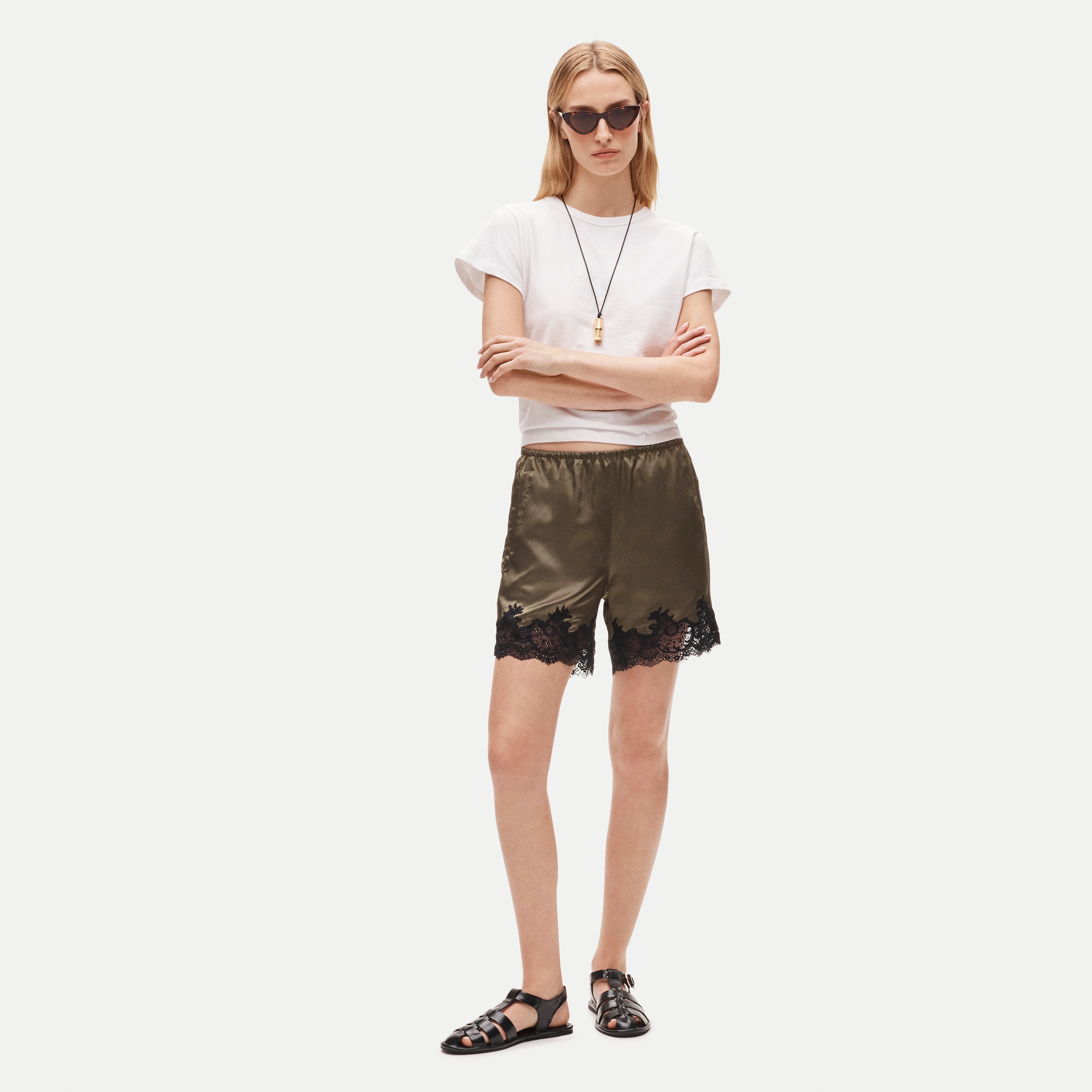 Cosmo lace-trim short in luster charmeuse - thumbnail 2