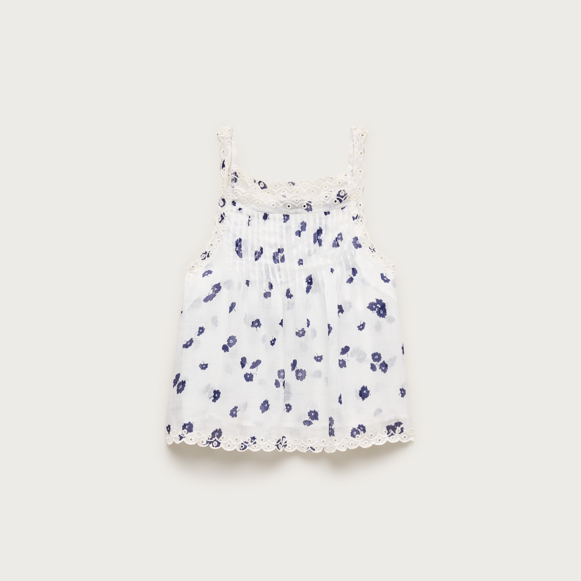 Scallop-trim tank top in blurred floral ramie