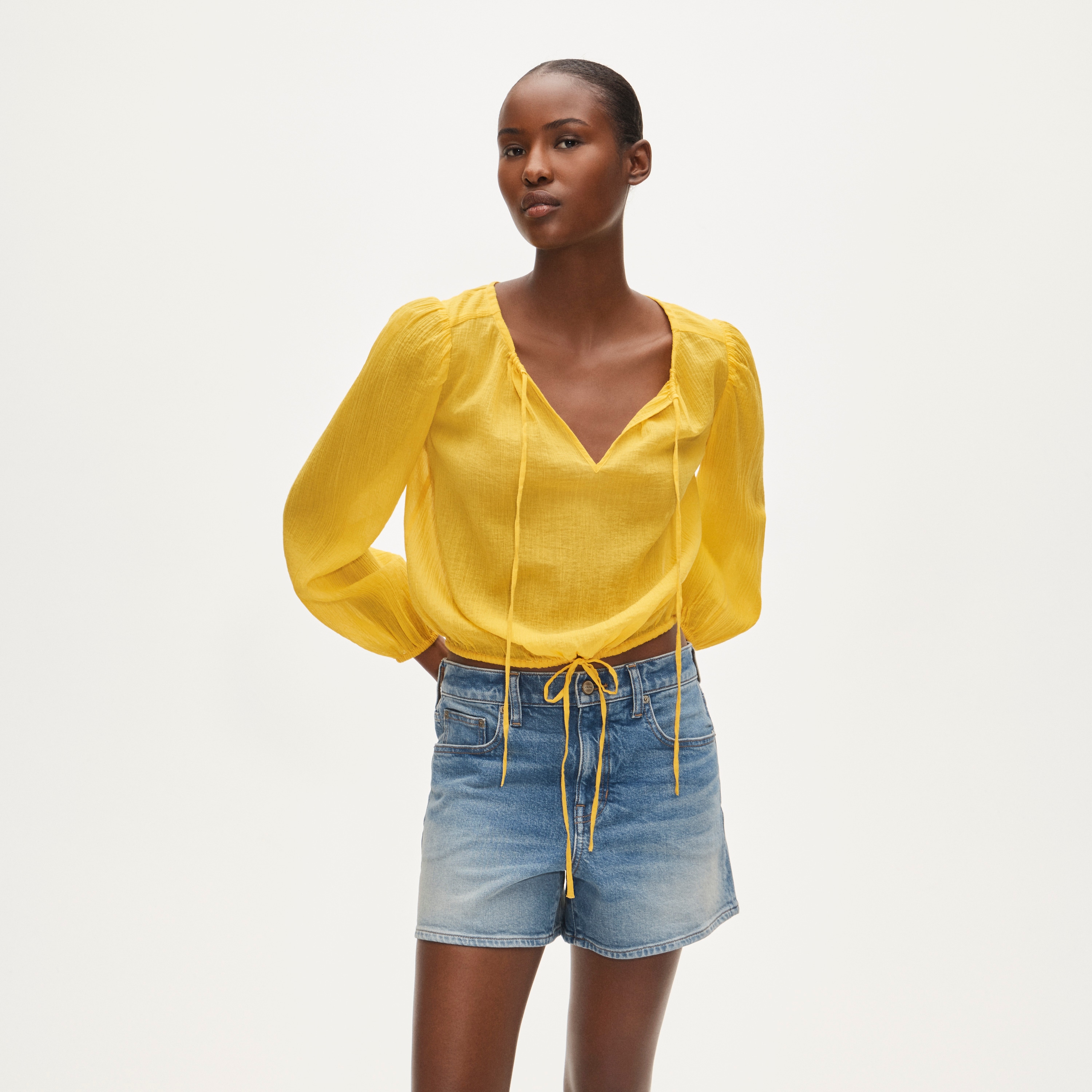 Drawstring-waist top in featherweight voile
