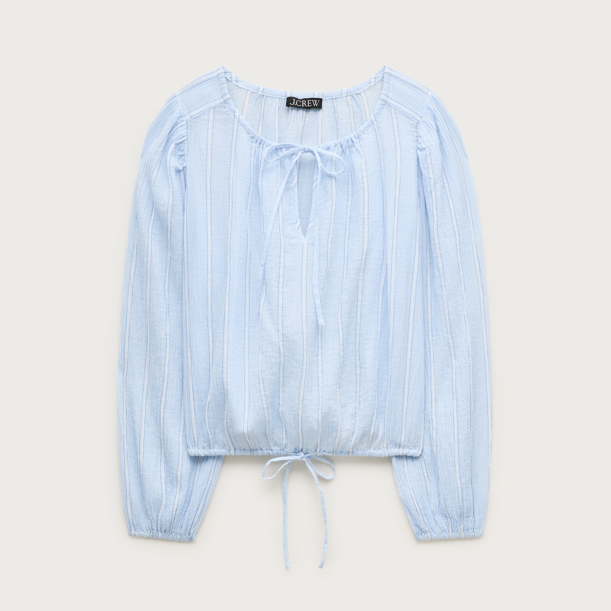 Drawstring-waist top in featherweight voile stripe