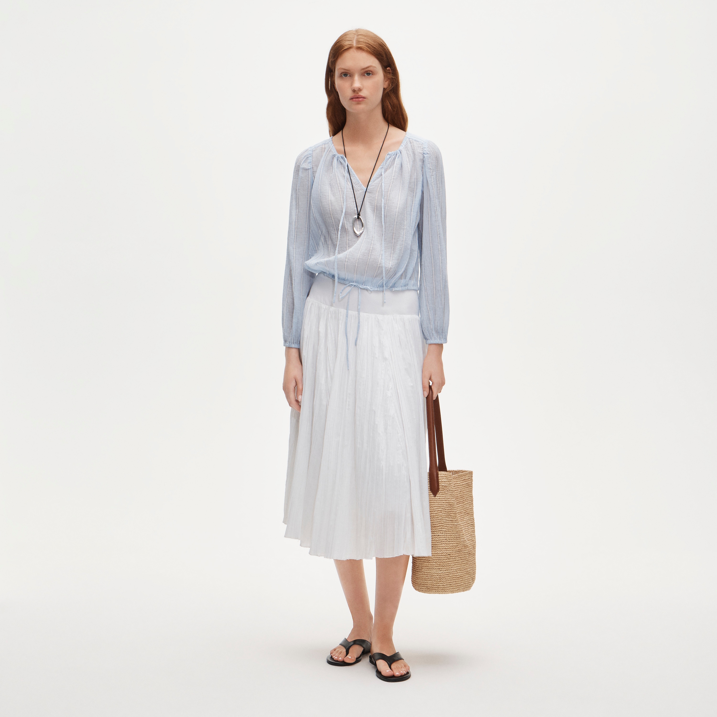 Drawstring-waist top in featherweight voile stripe