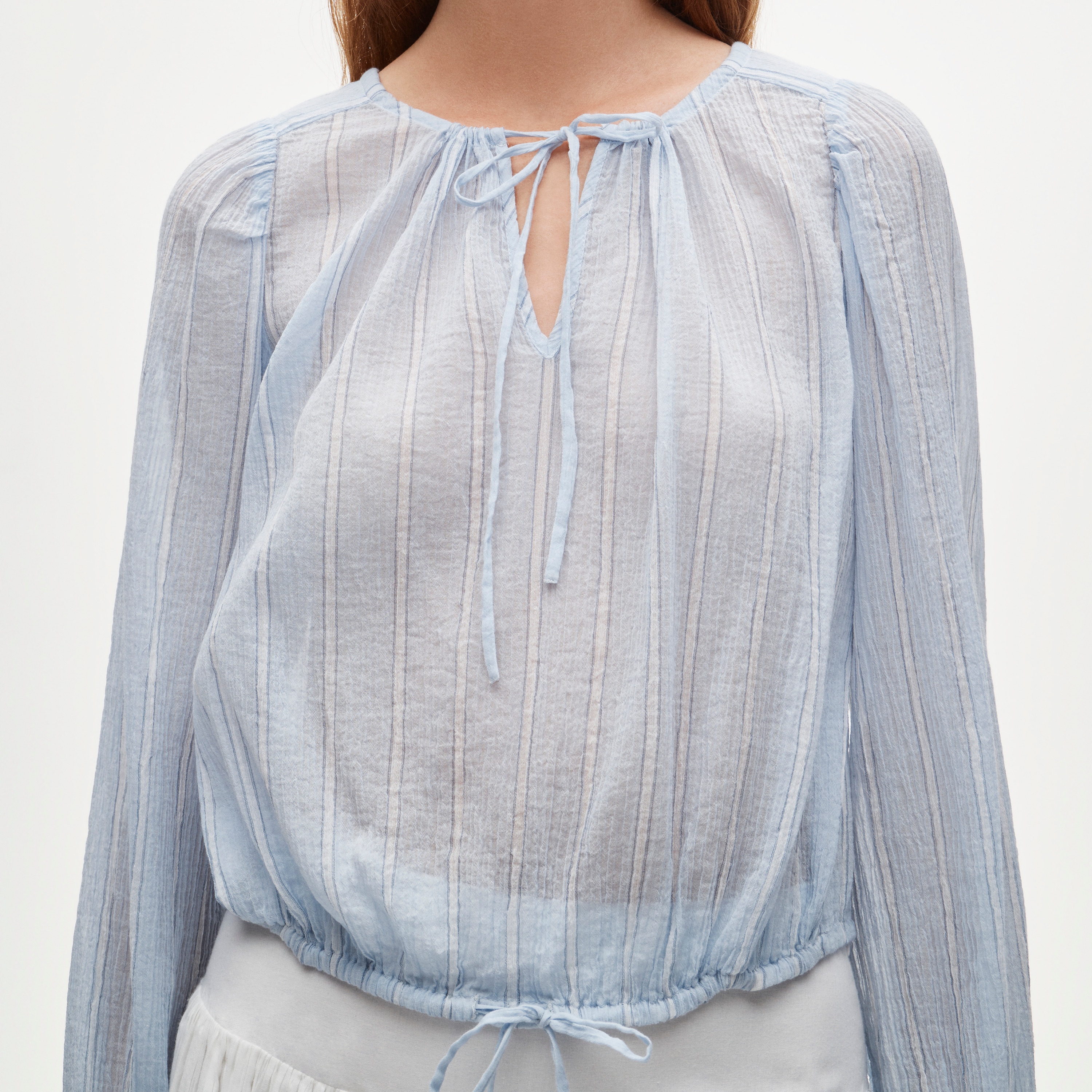 Drawstring-waist top in featherweight voile stripe