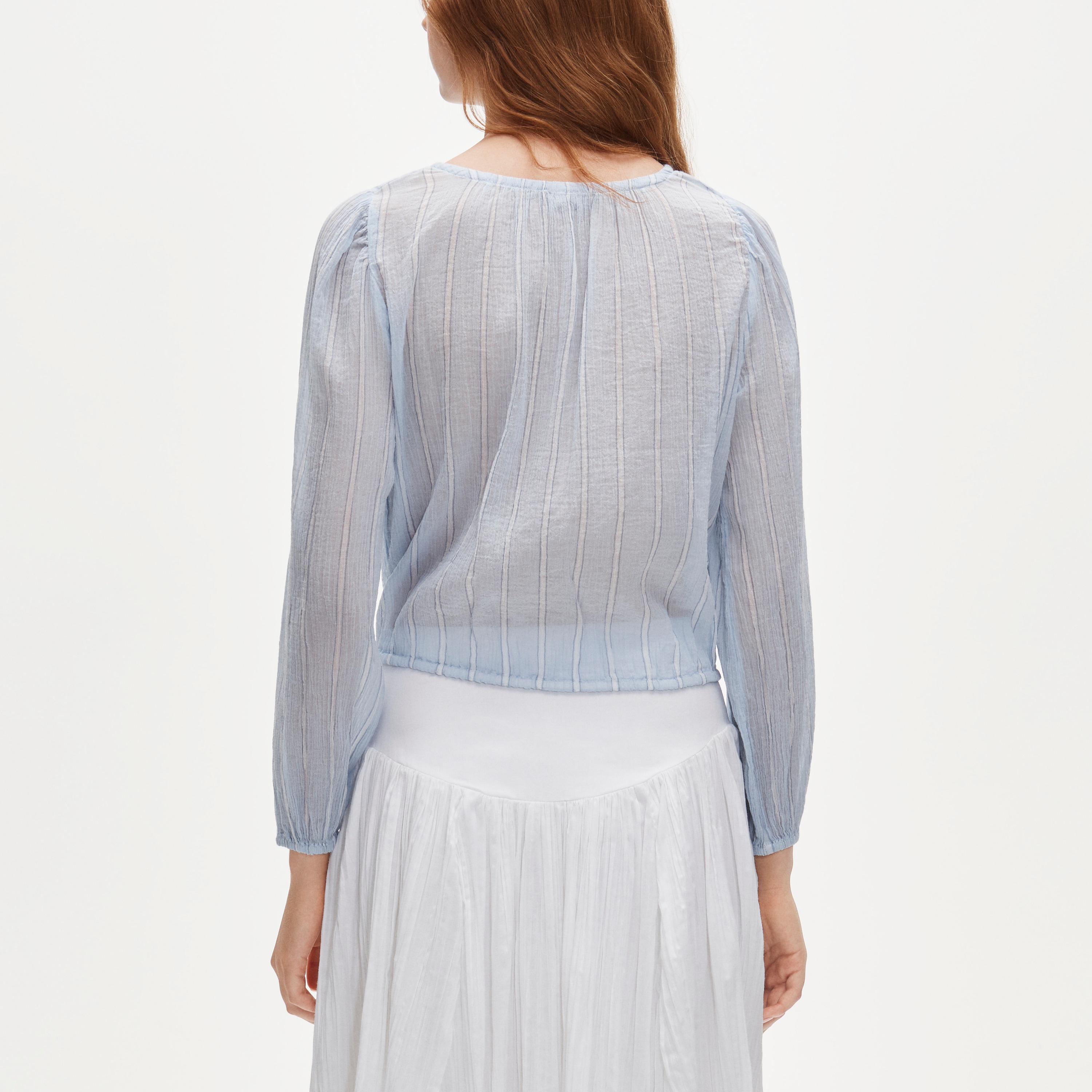 Drawstring-waist top in featherweight voile stripe