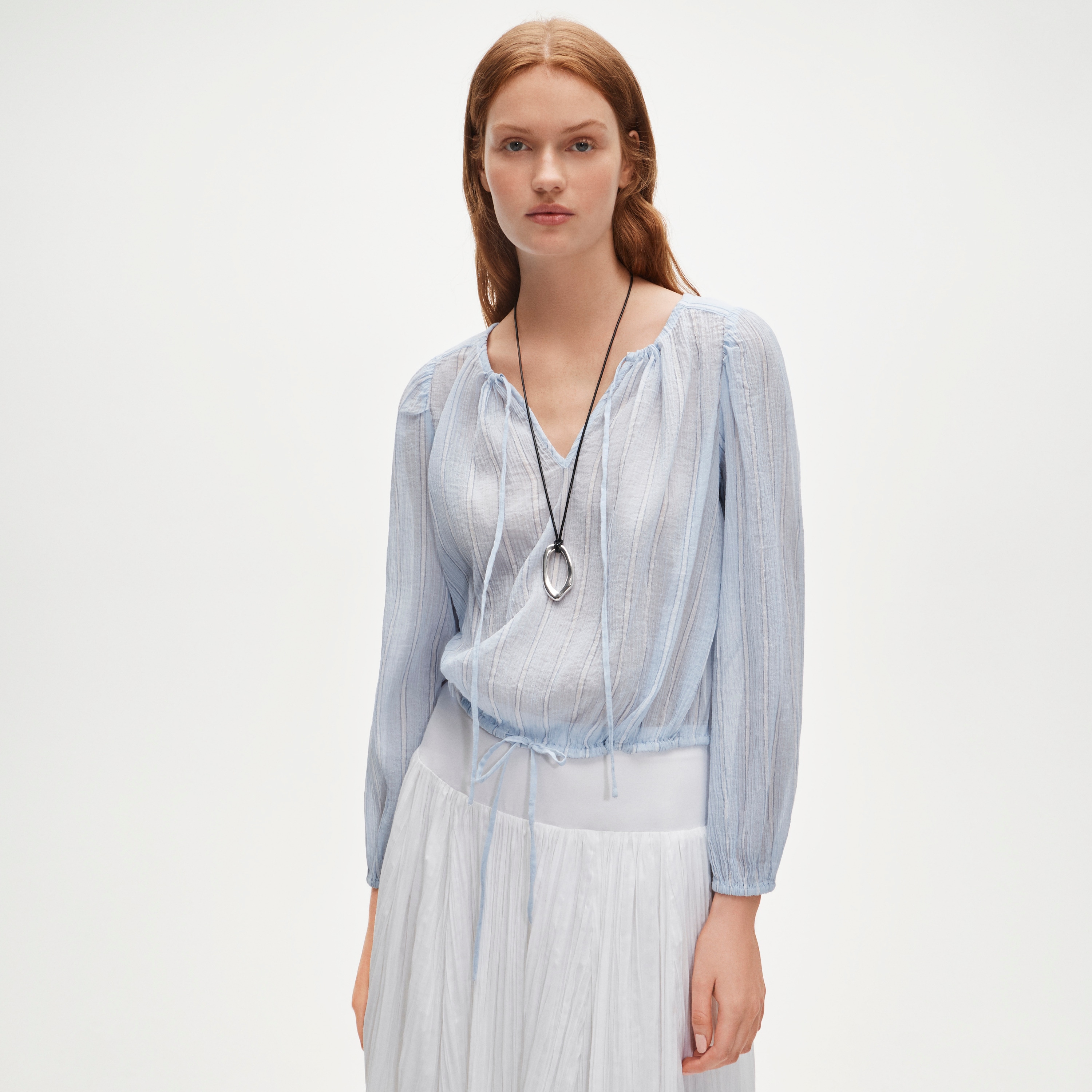 Drawstring-waist top in featherweight voile stripe