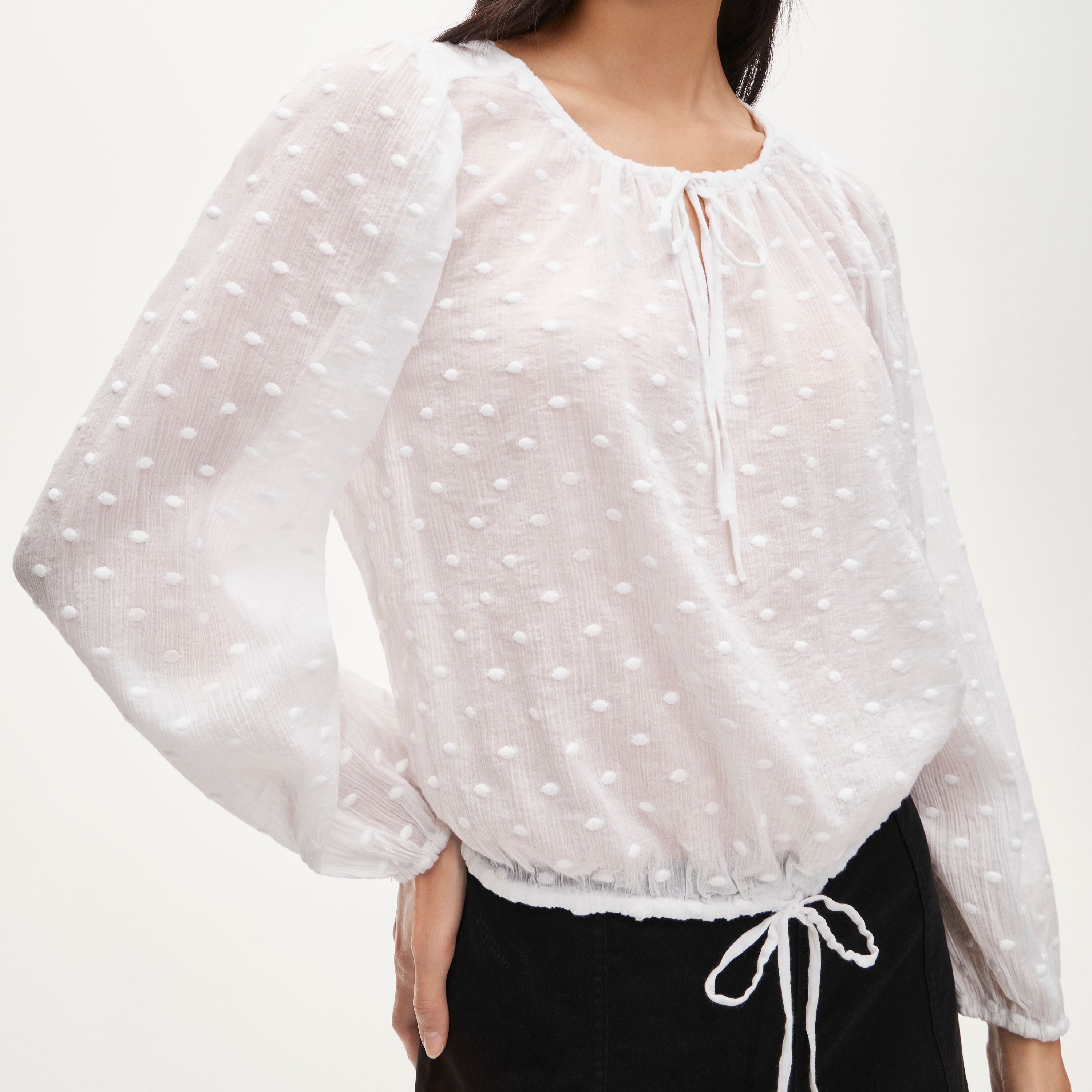 Drawstring-waist top in featherweight voile dot print