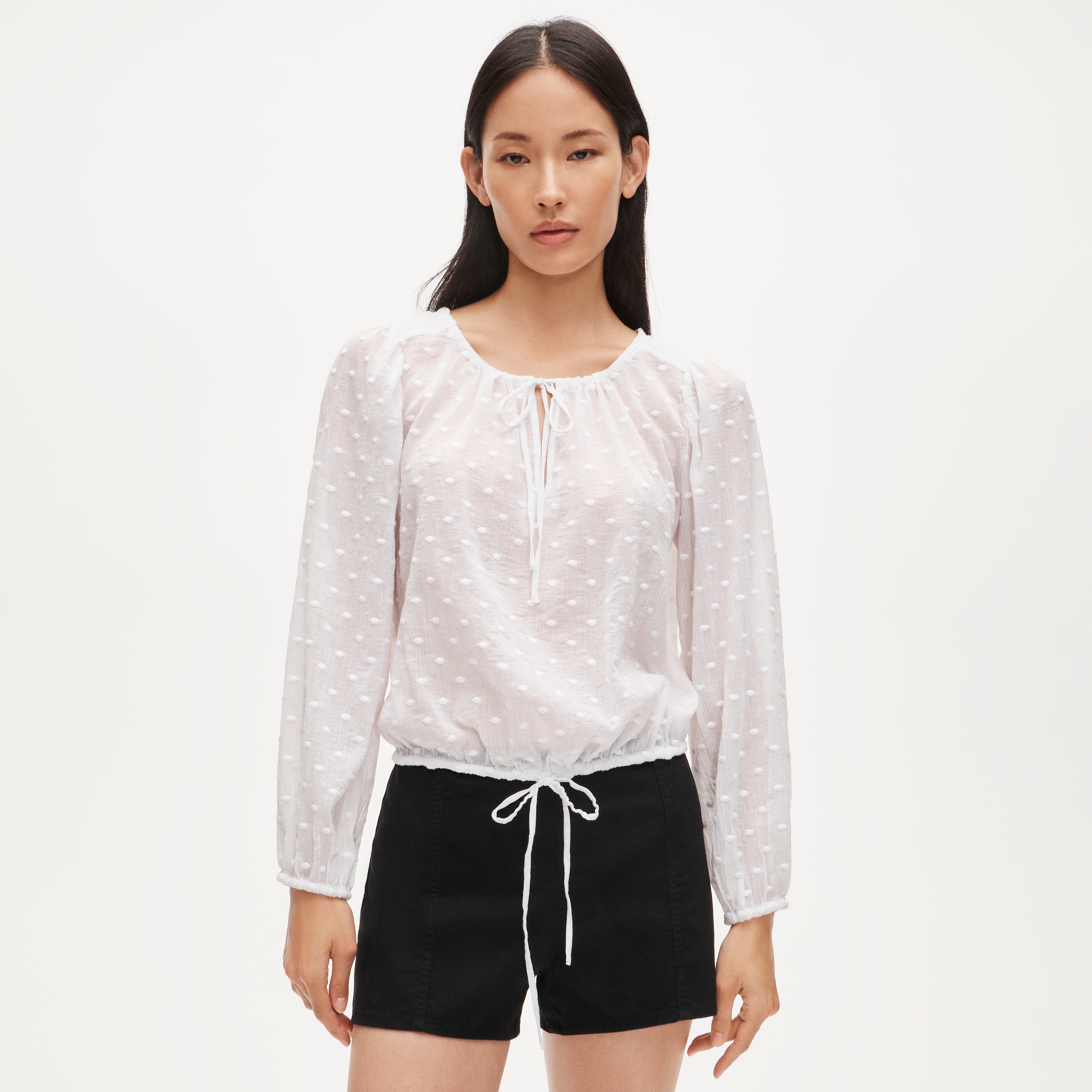 Drawstring-waist top in featherweight voile dot print