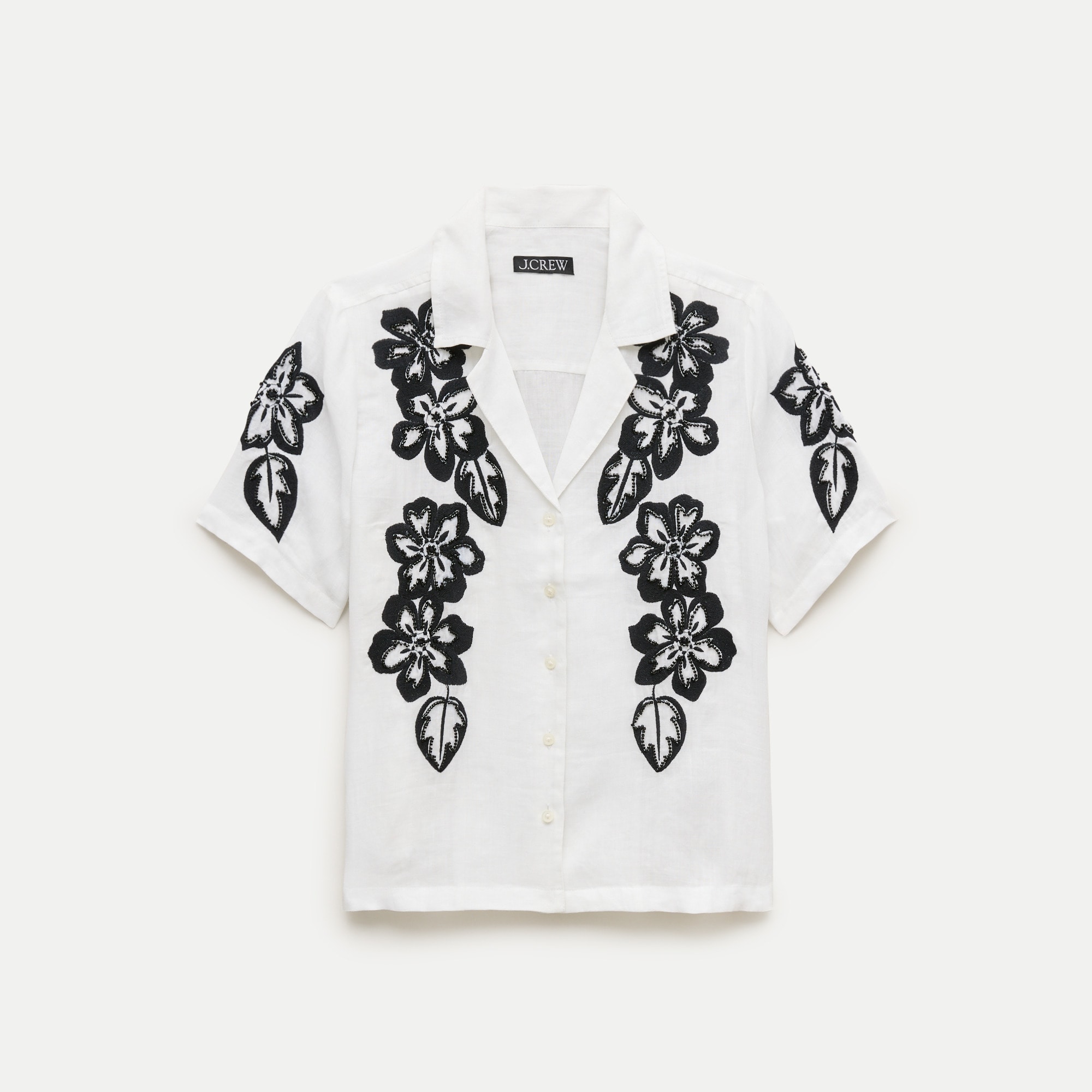 Short-sleeve button-up top in beaded floral