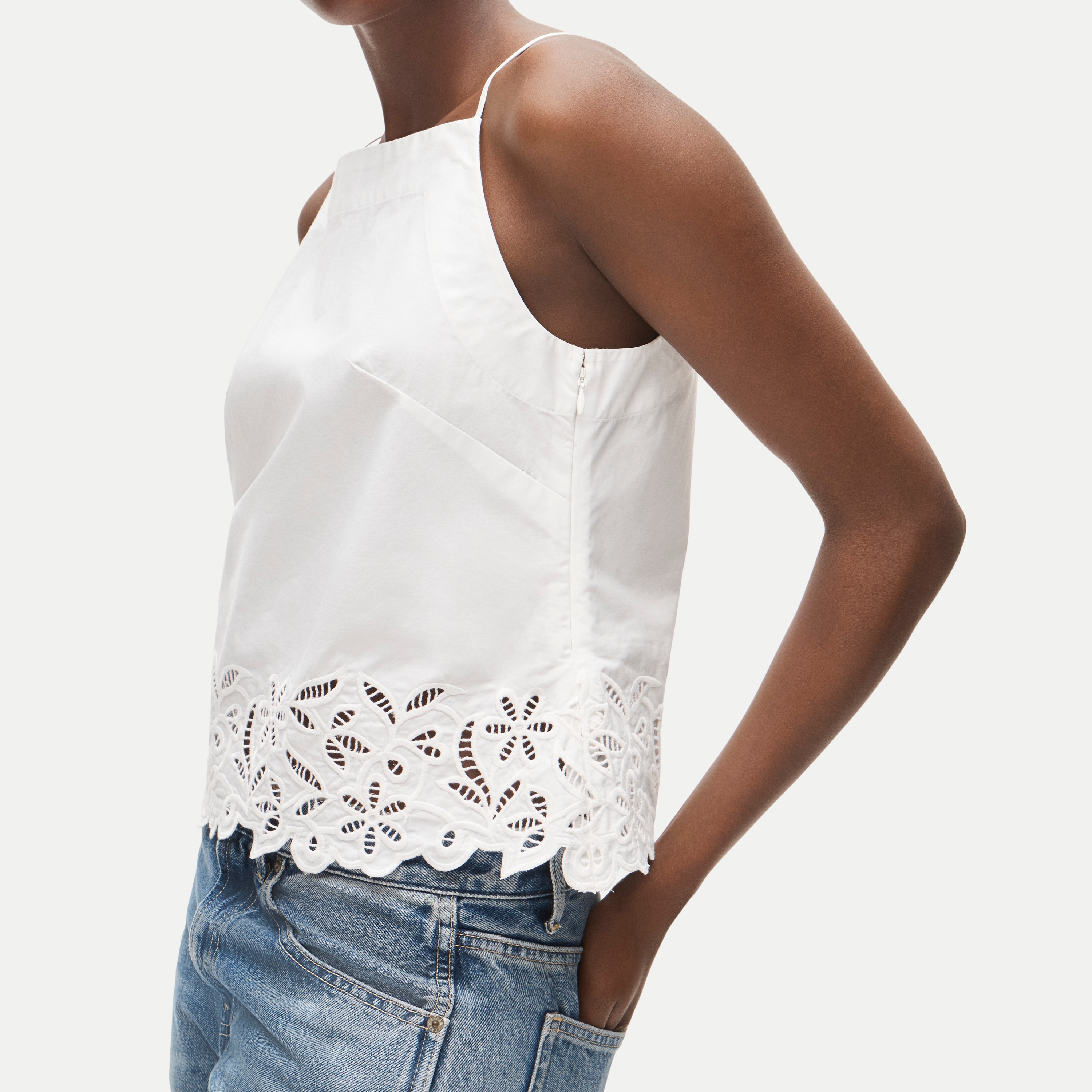 Embroidered high-neck top in cotton poplin
