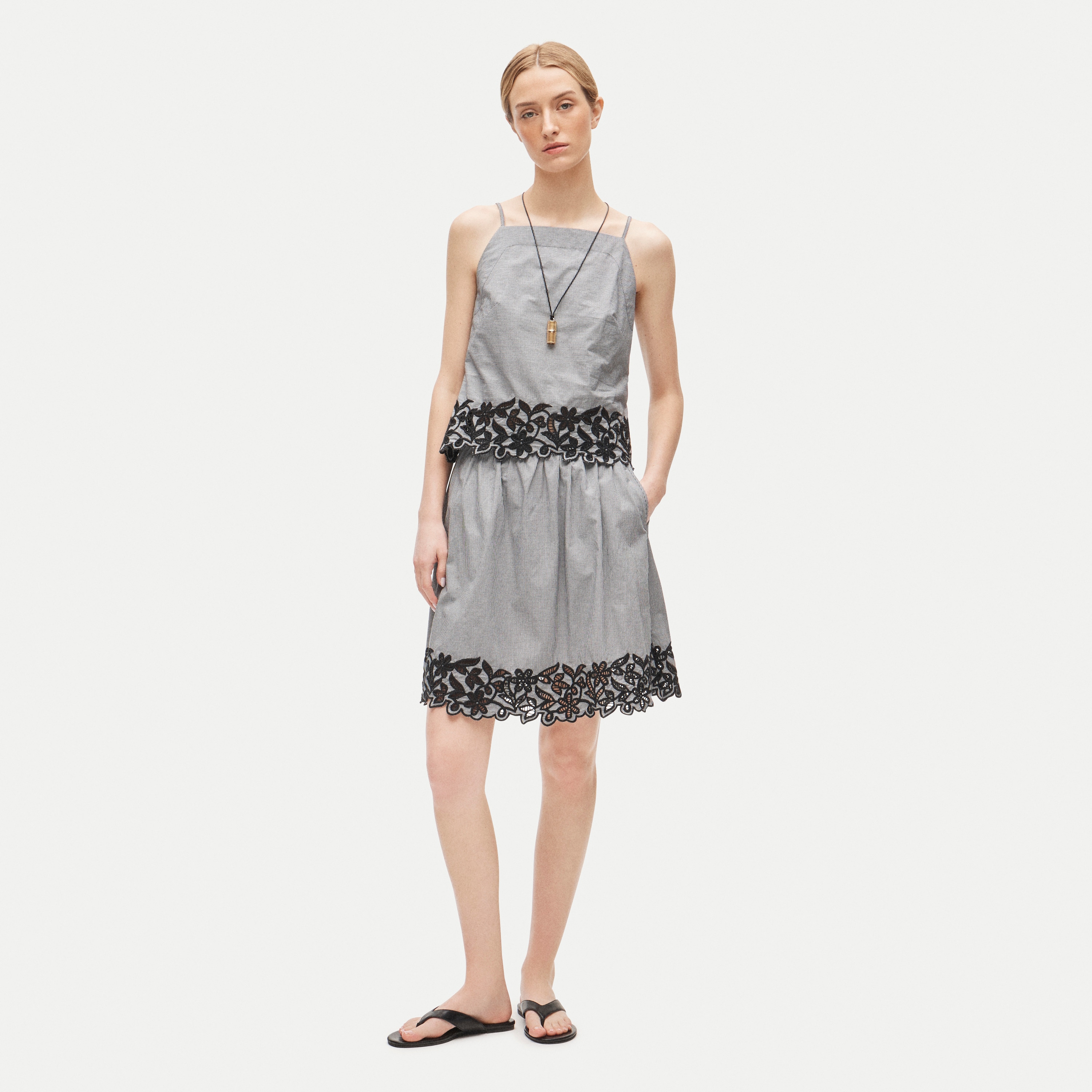 Embroidered high-neck top in cotton poplin gingham