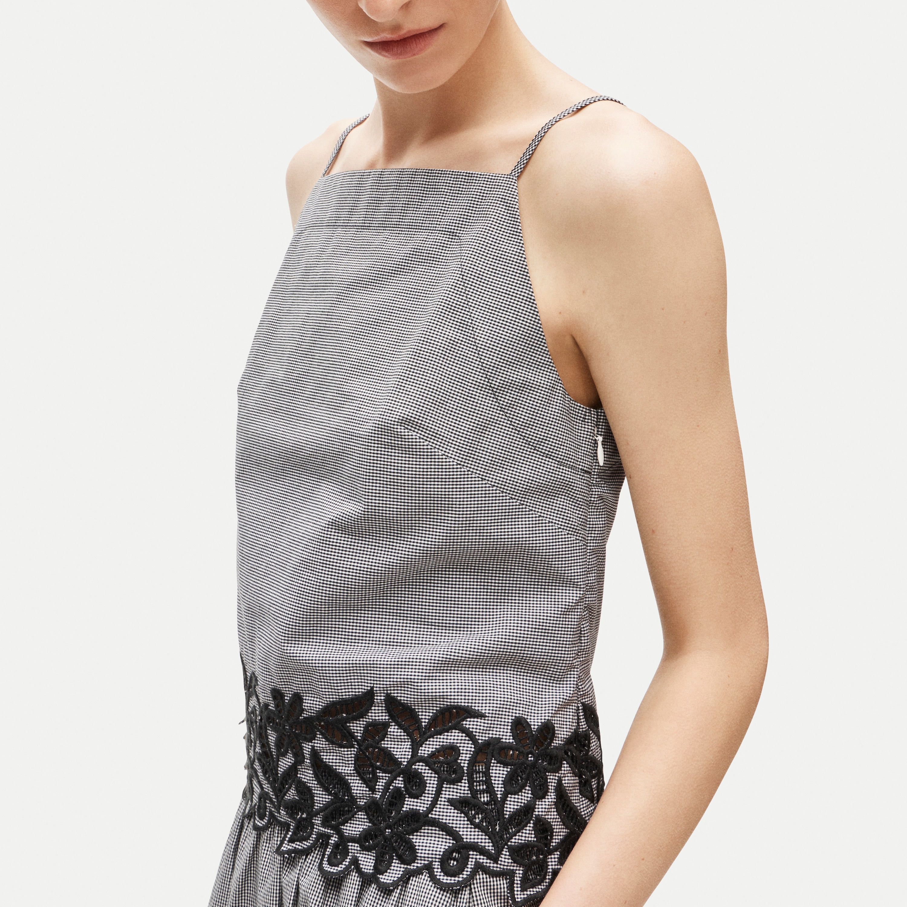Embroidered high-neck top in cotton poplin gingham