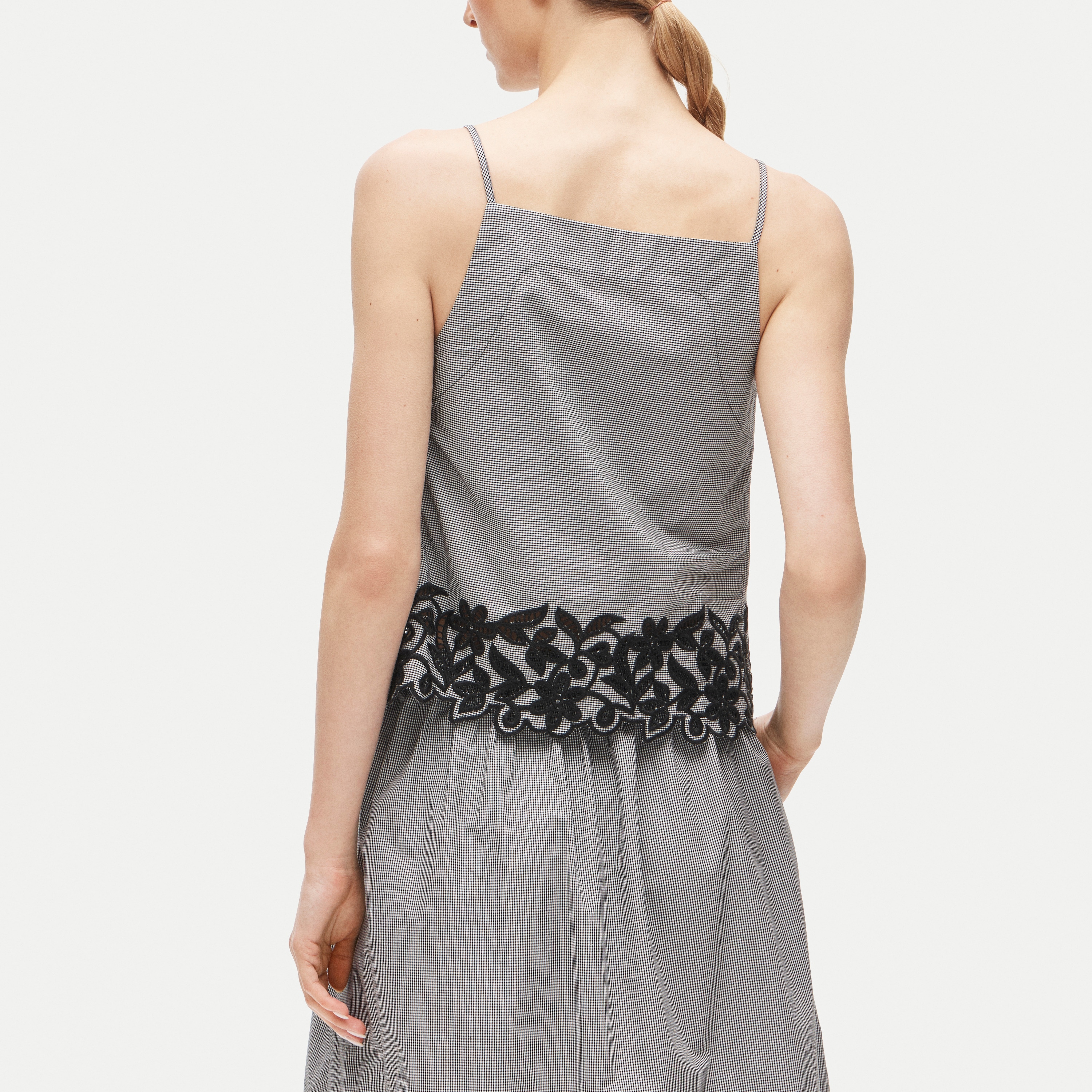 Embroidered high-neck top in cotton poplin gingham