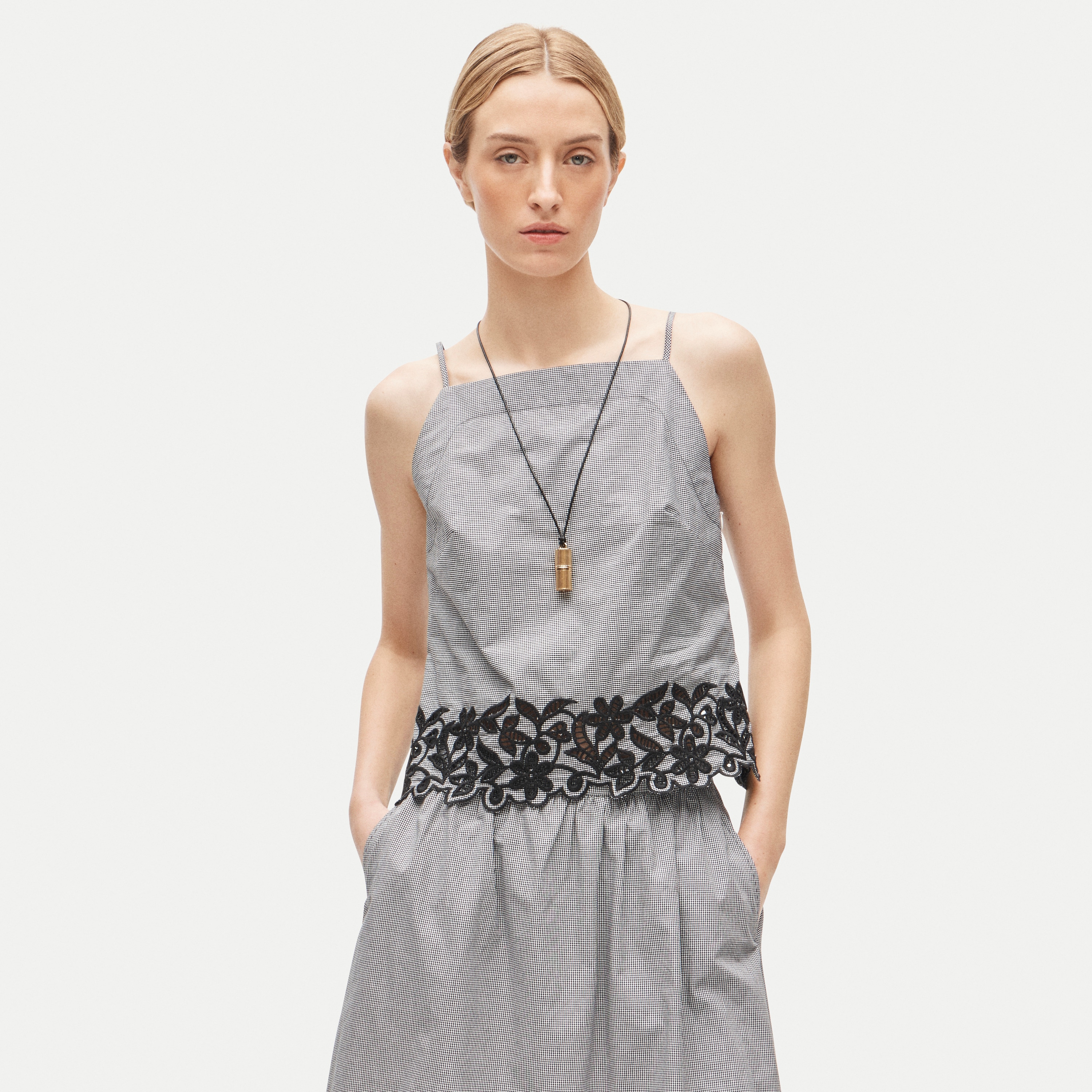 Embroidered high-neck top in cotton poplin gingham