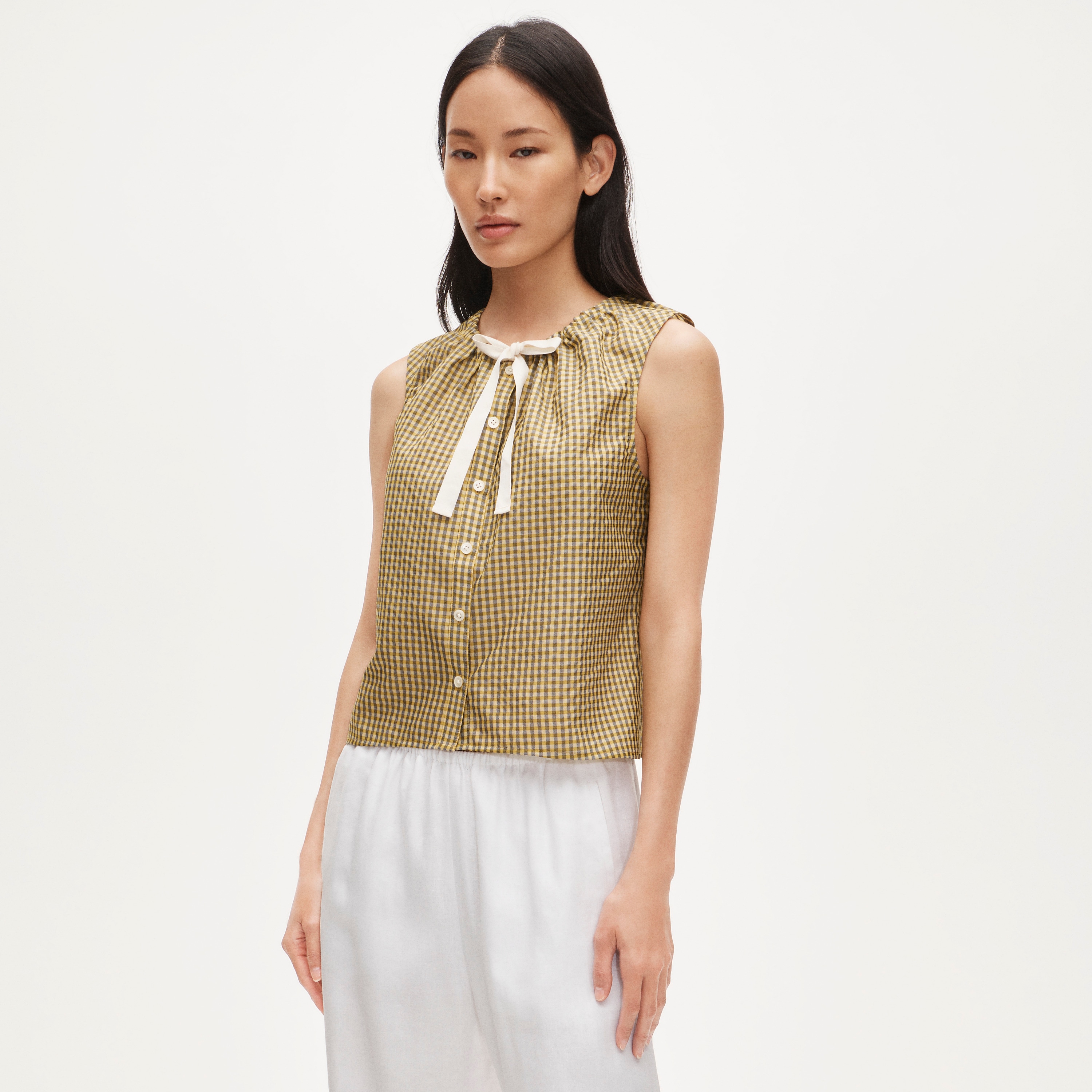 Tie-neck tank top in gingham