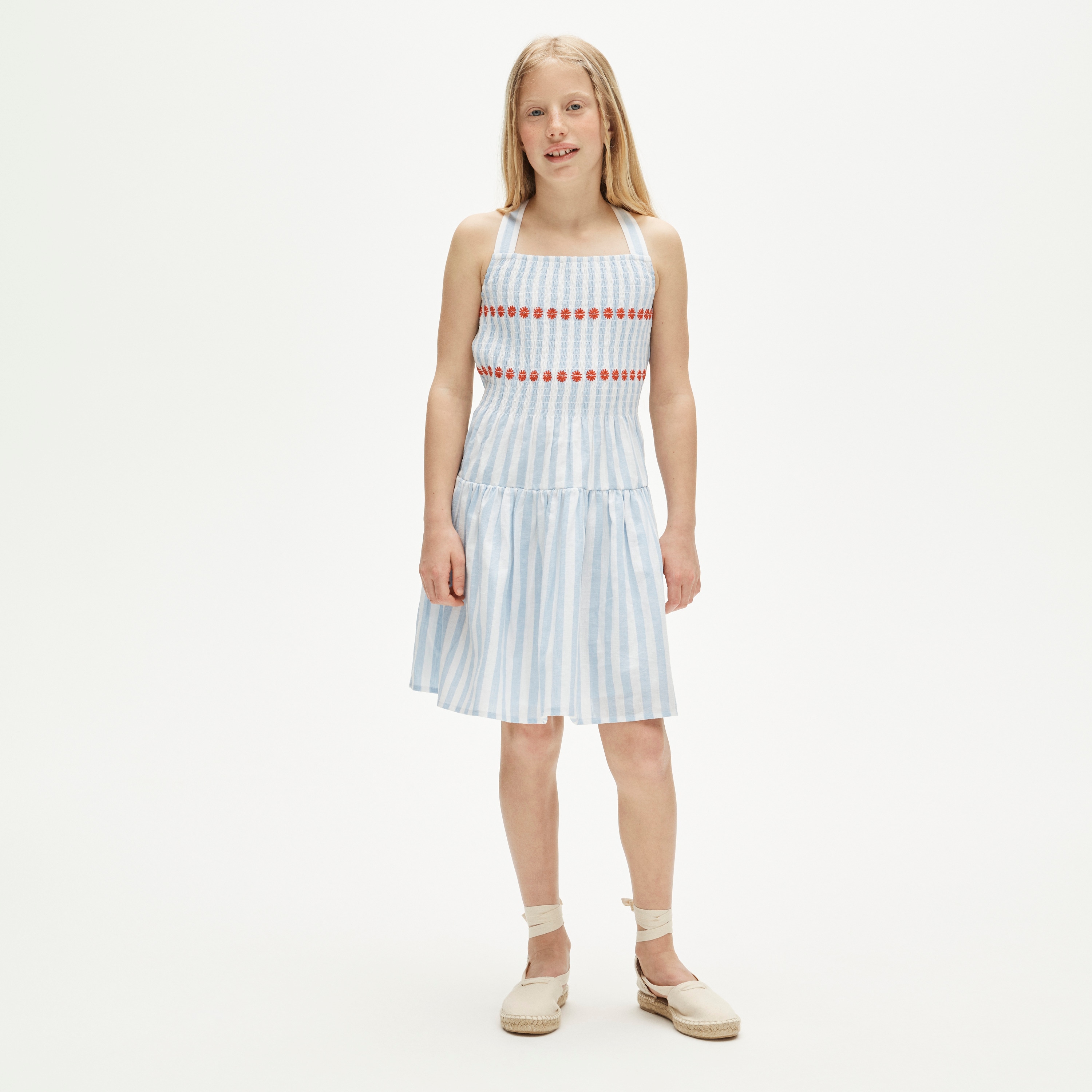 Girls' cross-back dress in linen-cotton blend