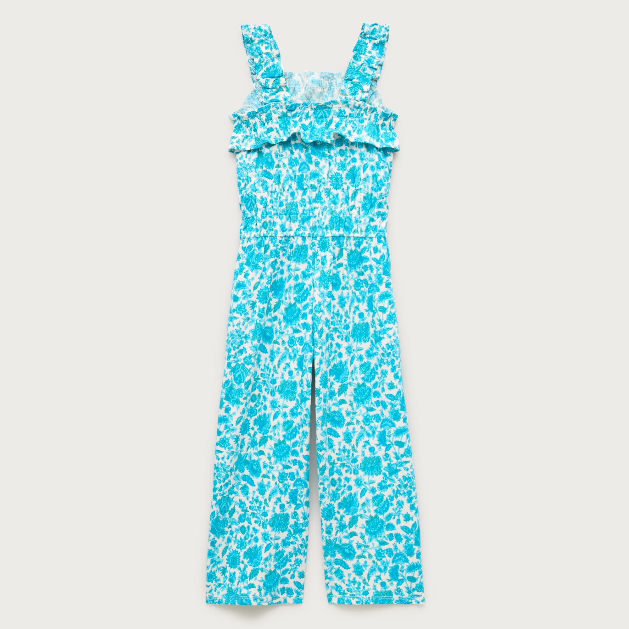 Girls' ruffle-trim jumpsuit in broken-in-jersey floral