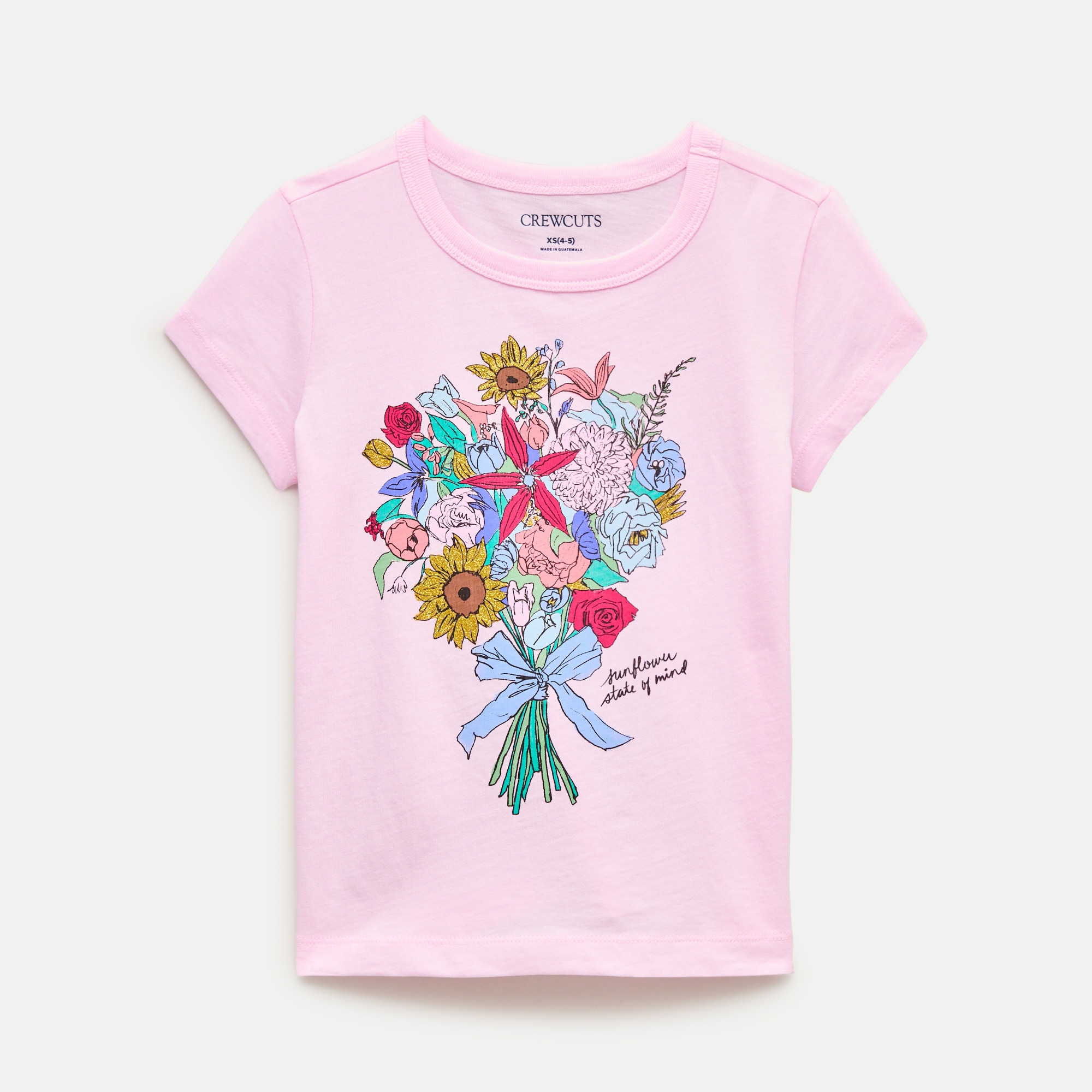 Girls' short-sleeve bouquet graphic T-shirt with glitter