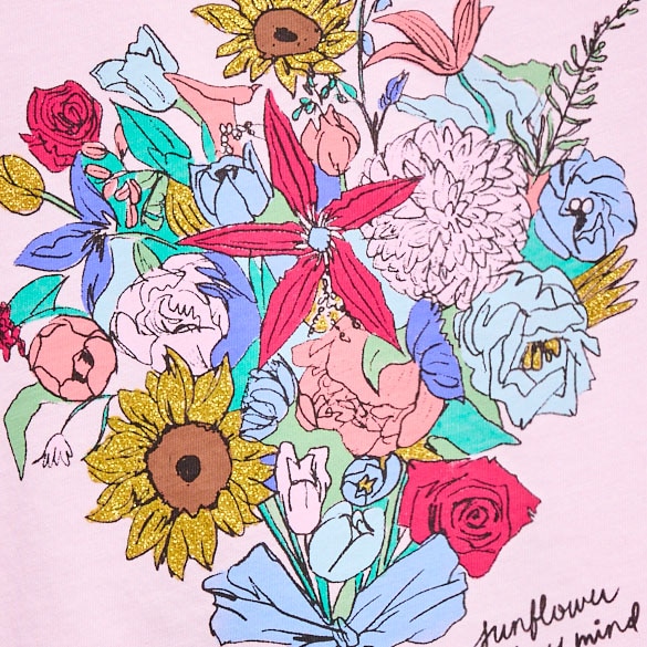 Girls' short-sleeve bouquet graphic T-shirt with glitter undefined