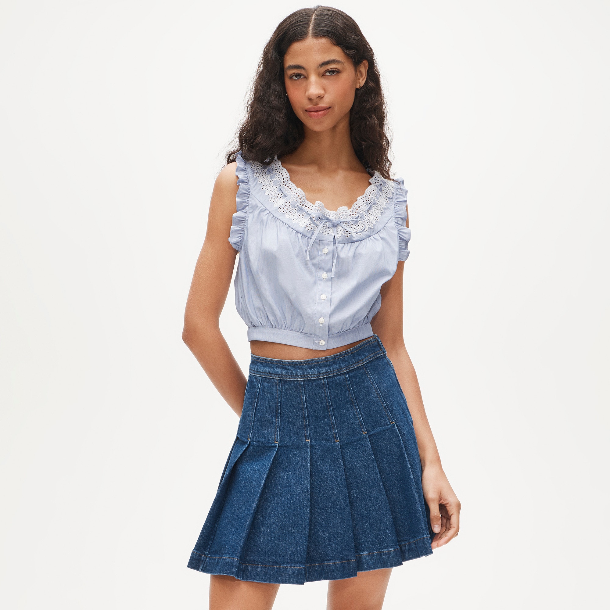 Pleated denim mini skirt
