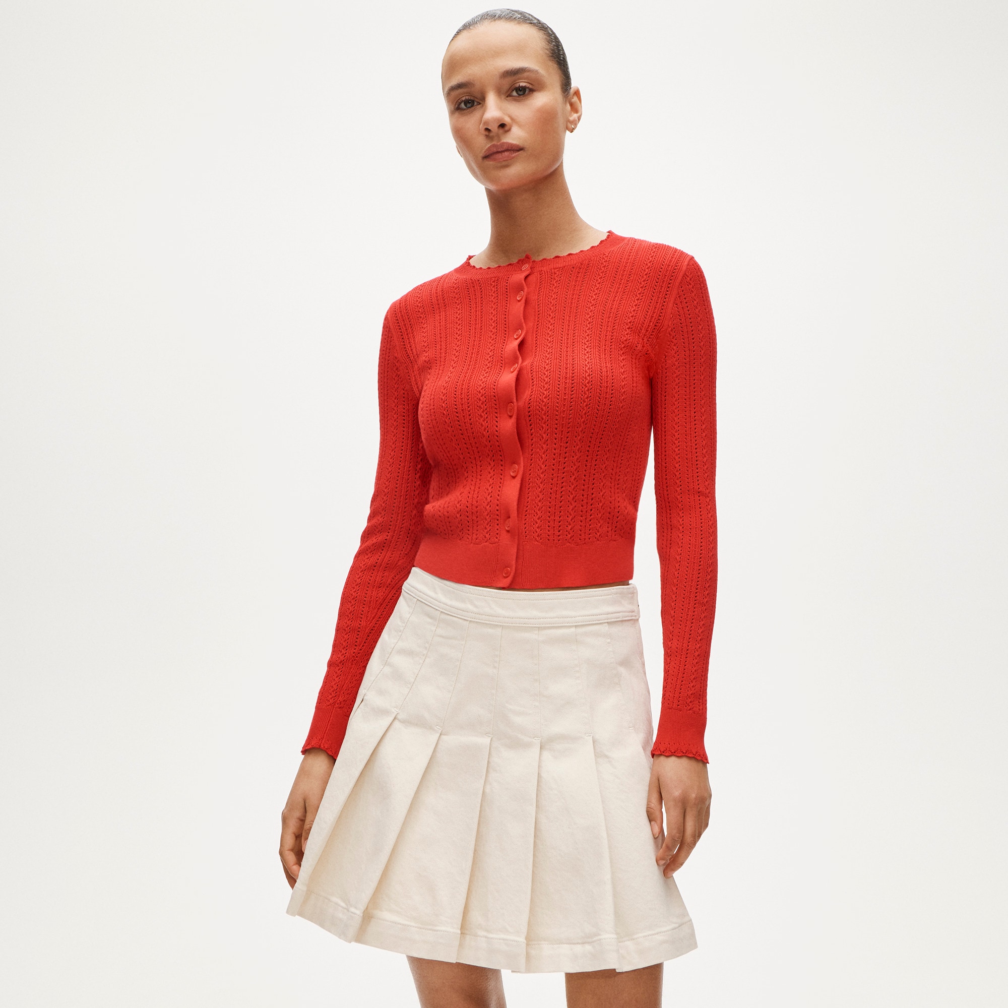 Pleated denim mini skirt in ecru