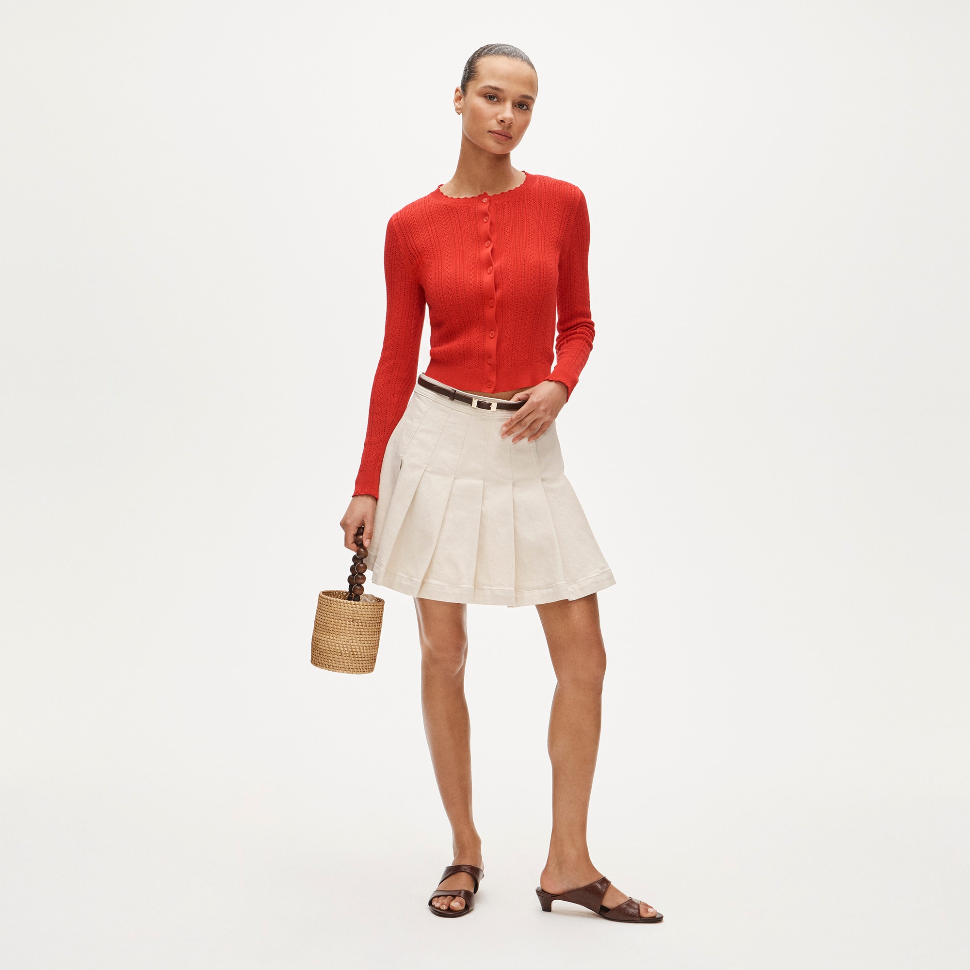 Pleated denim mini skirt in ecru