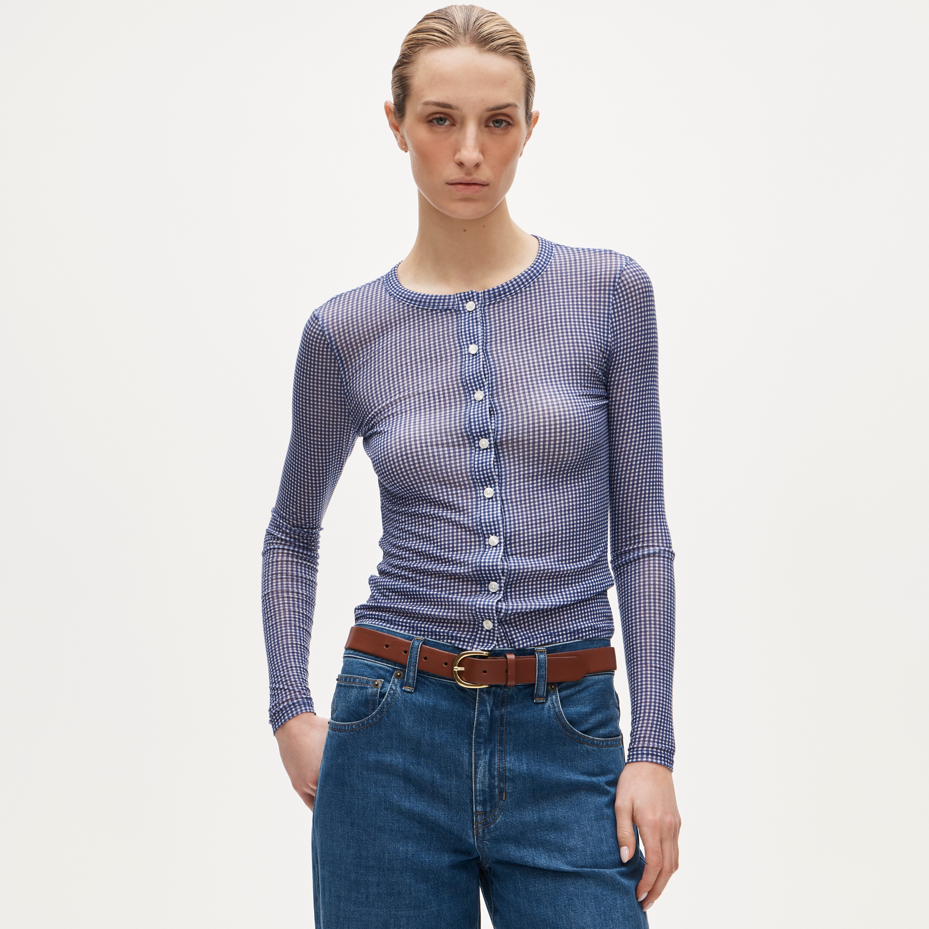 Stretch lyocell-blend cardigan in gingham - image 2