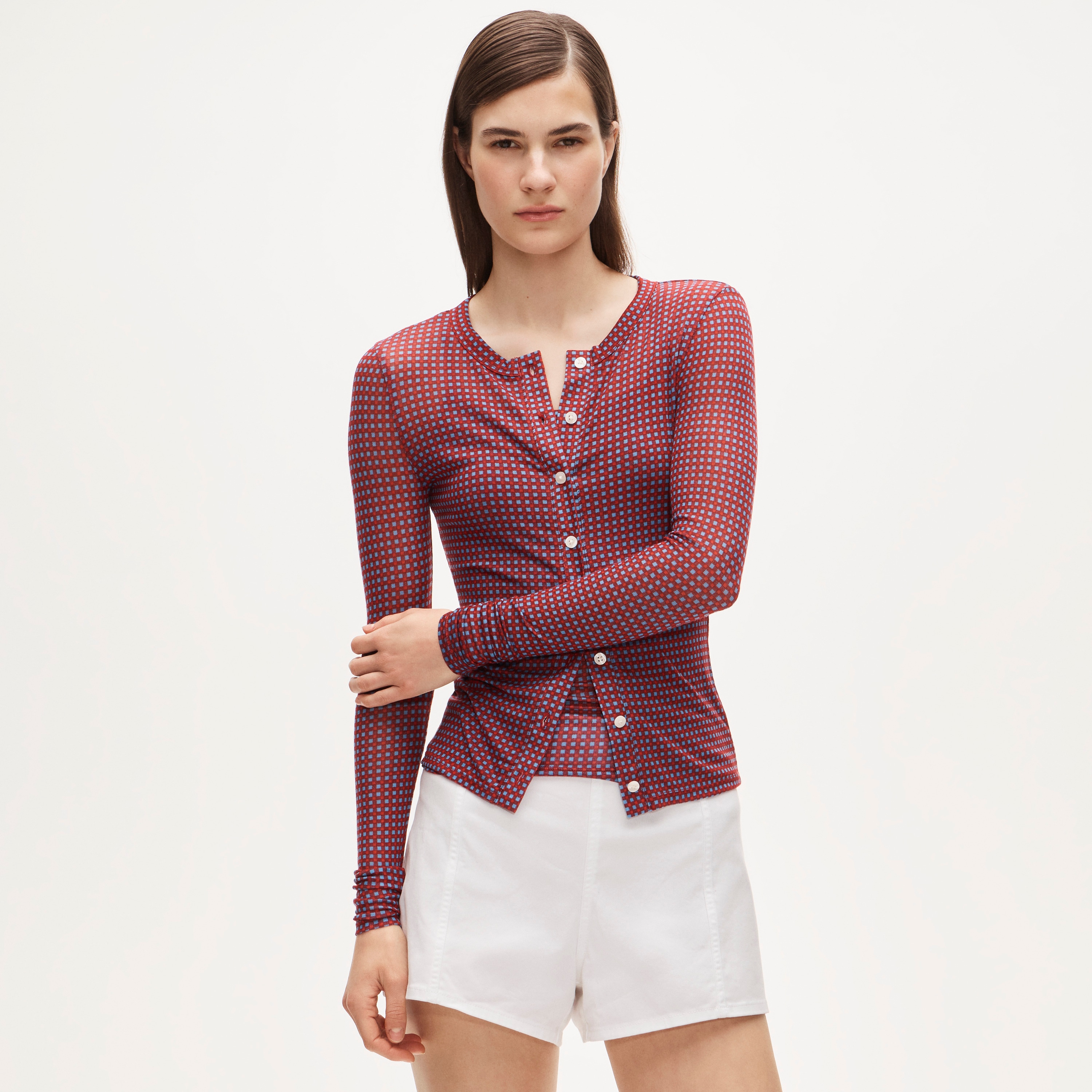 Stretch lyocell-blend cardigan in gingham
