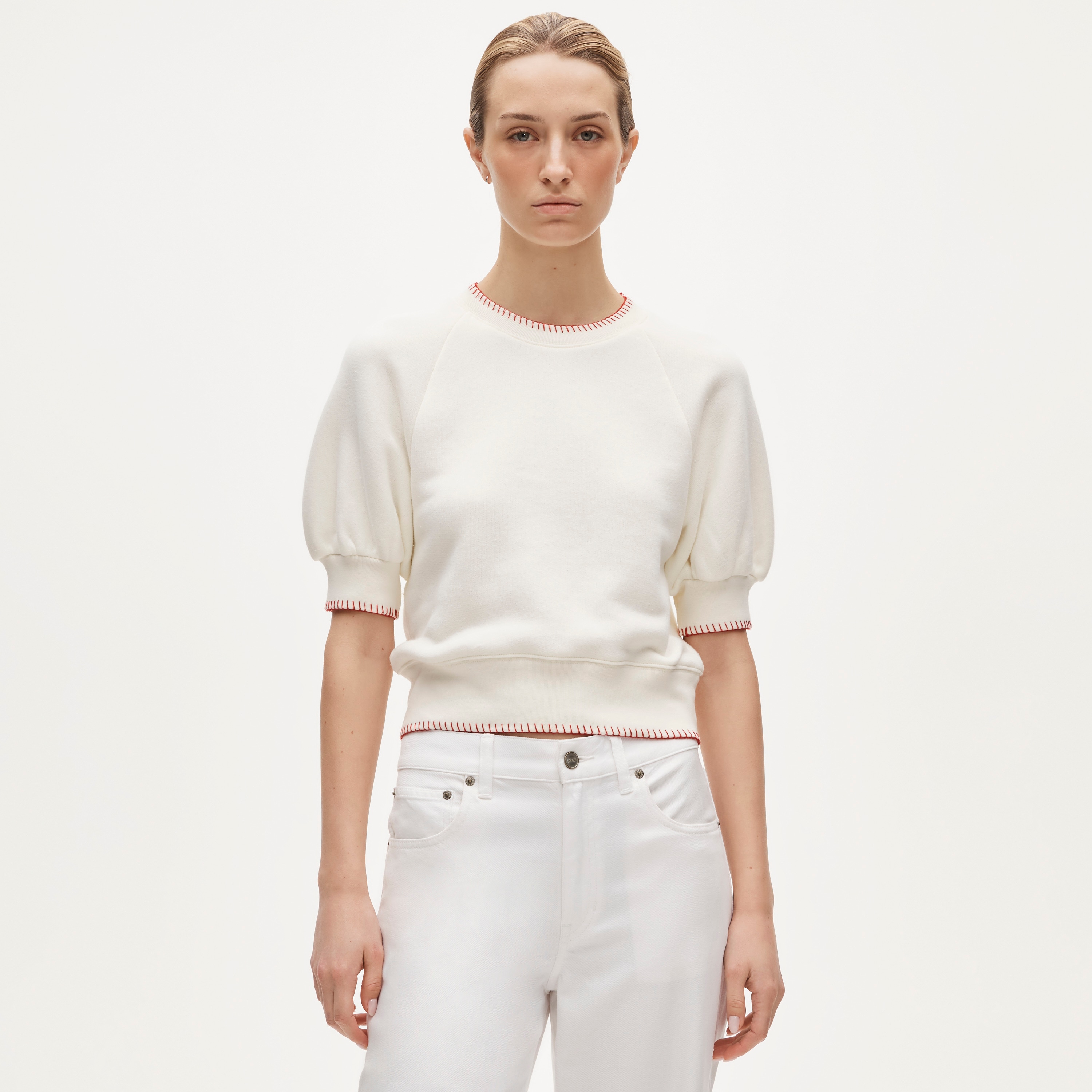 Contrast-trim heritage terry puff-sleeve sweatshirt - image 2