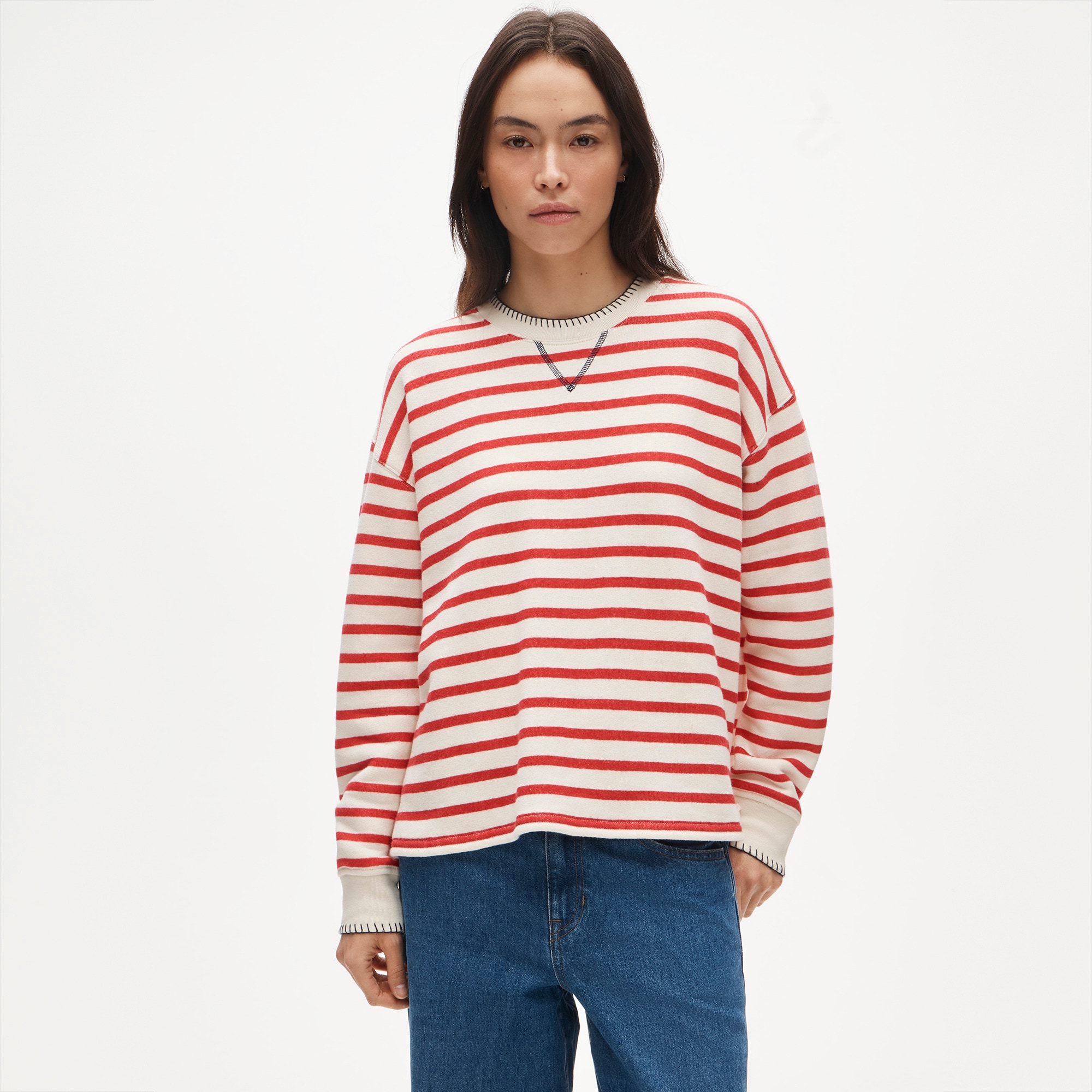 Contrast-trim heritage terry relaxed crewneck sweatshirt in stripe - image 2