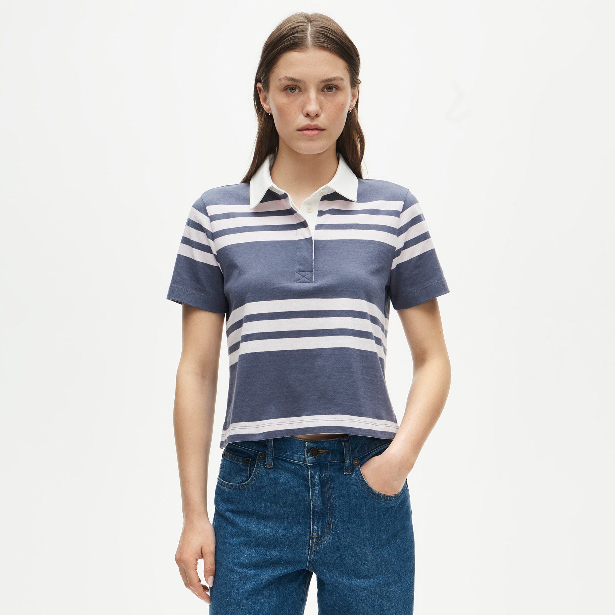 Boyfriend jersey short-sleeve polo shirt in stripe - image 2