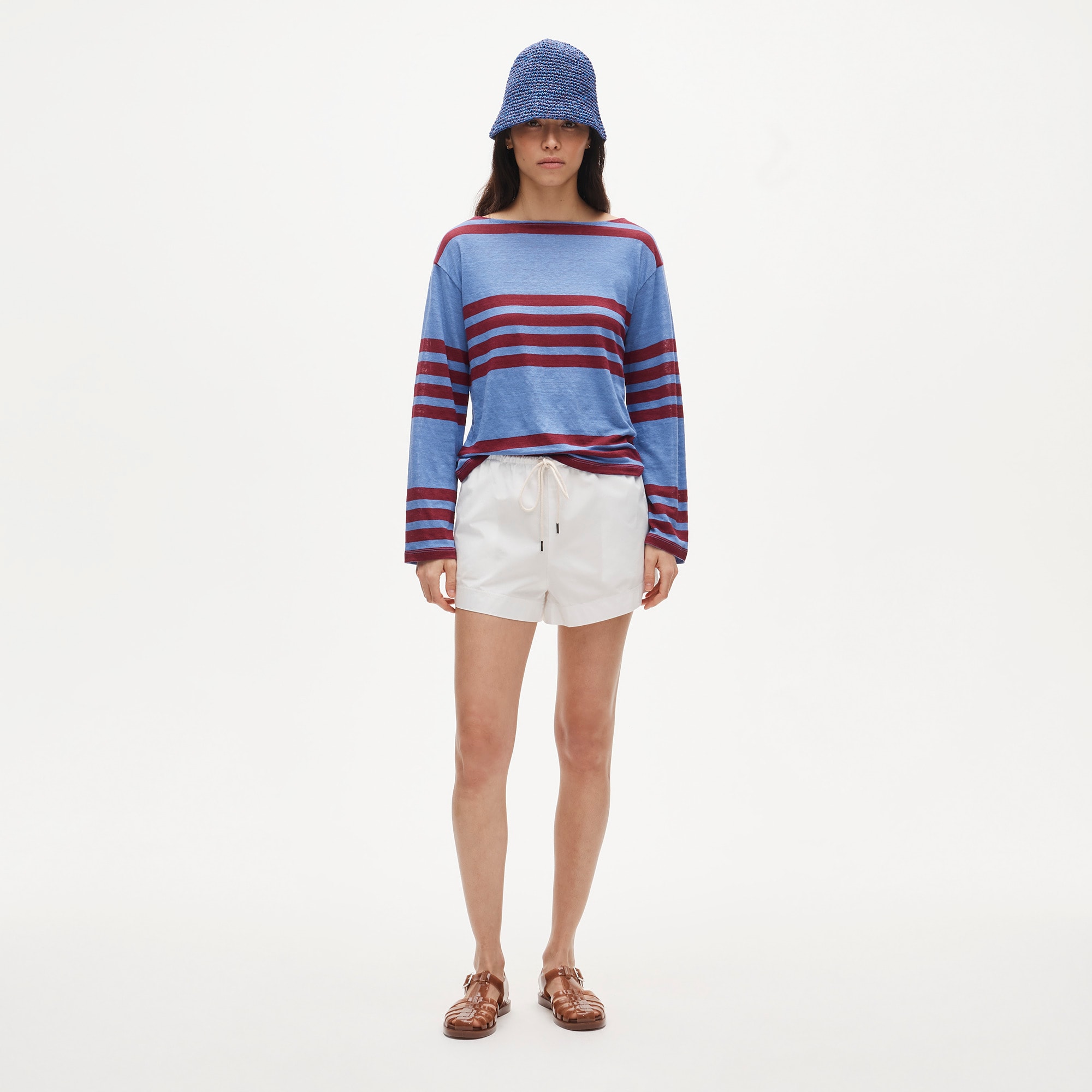 Relaxed boatneck linen long-sleeve T-shirt in stripe - image 3