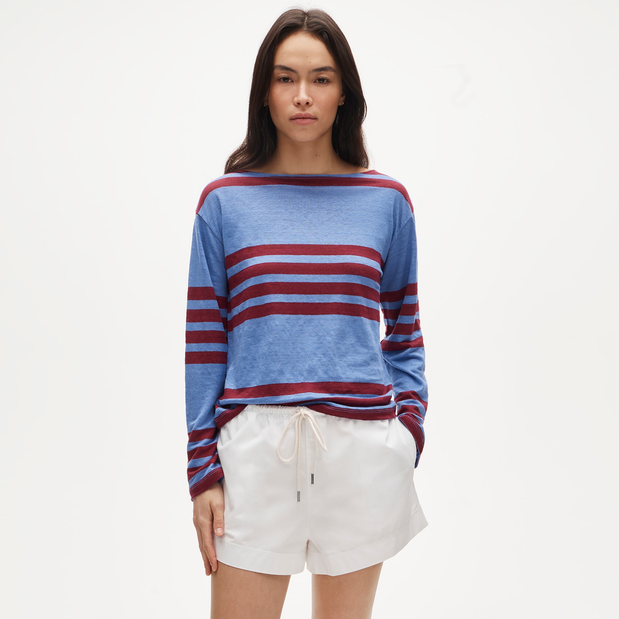 Relaxed boatneck linen long-sleeve T-shirt in stripe - image 2