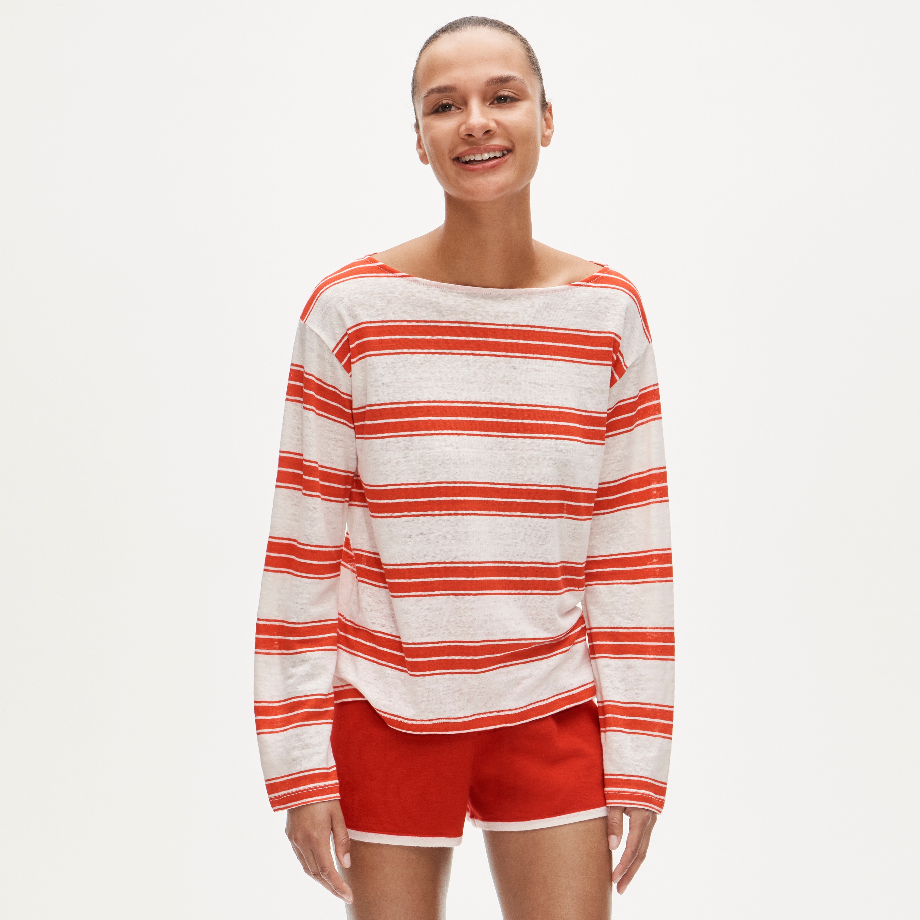 Relaxed Boatneck Linen Long-sleeve T-shirt In Stripe For Women | J