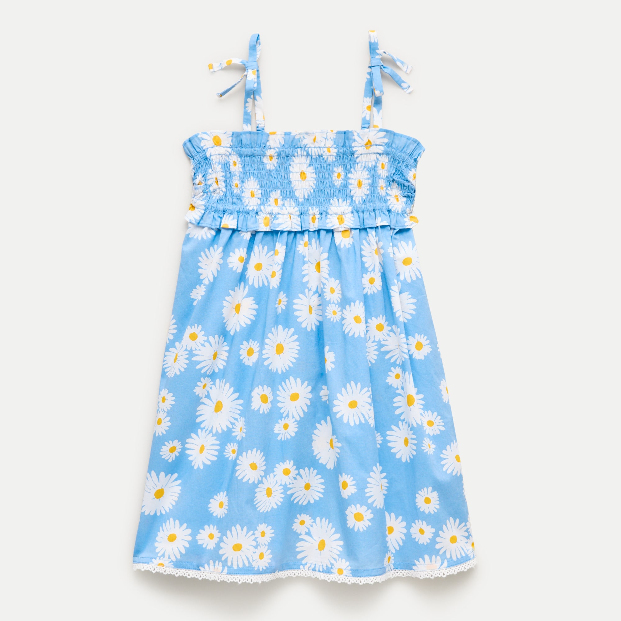 Girls' smocked tie-shoulder dress in vintage daisy print