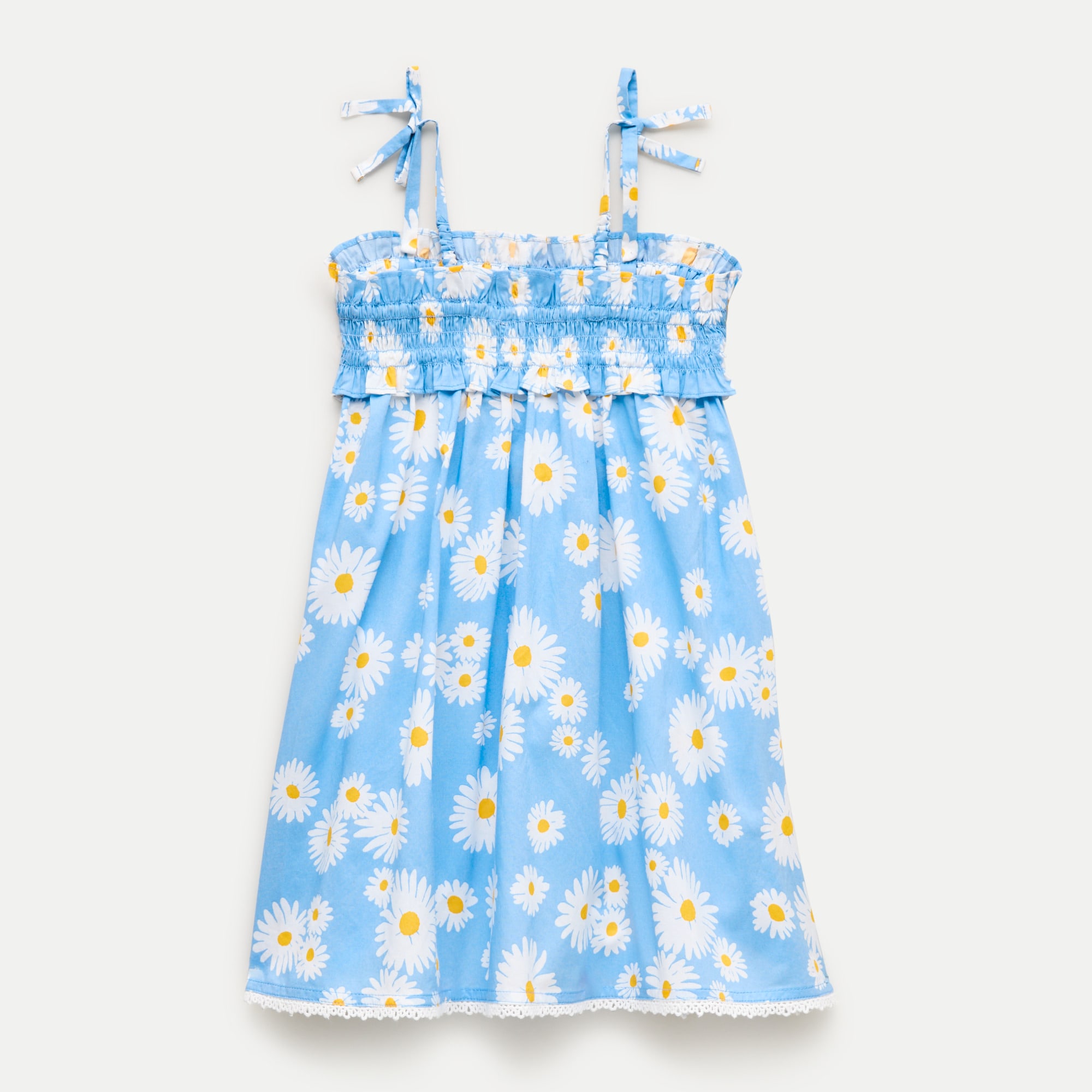 Girls' smocked tie-shoulder dress in vintage daisy print