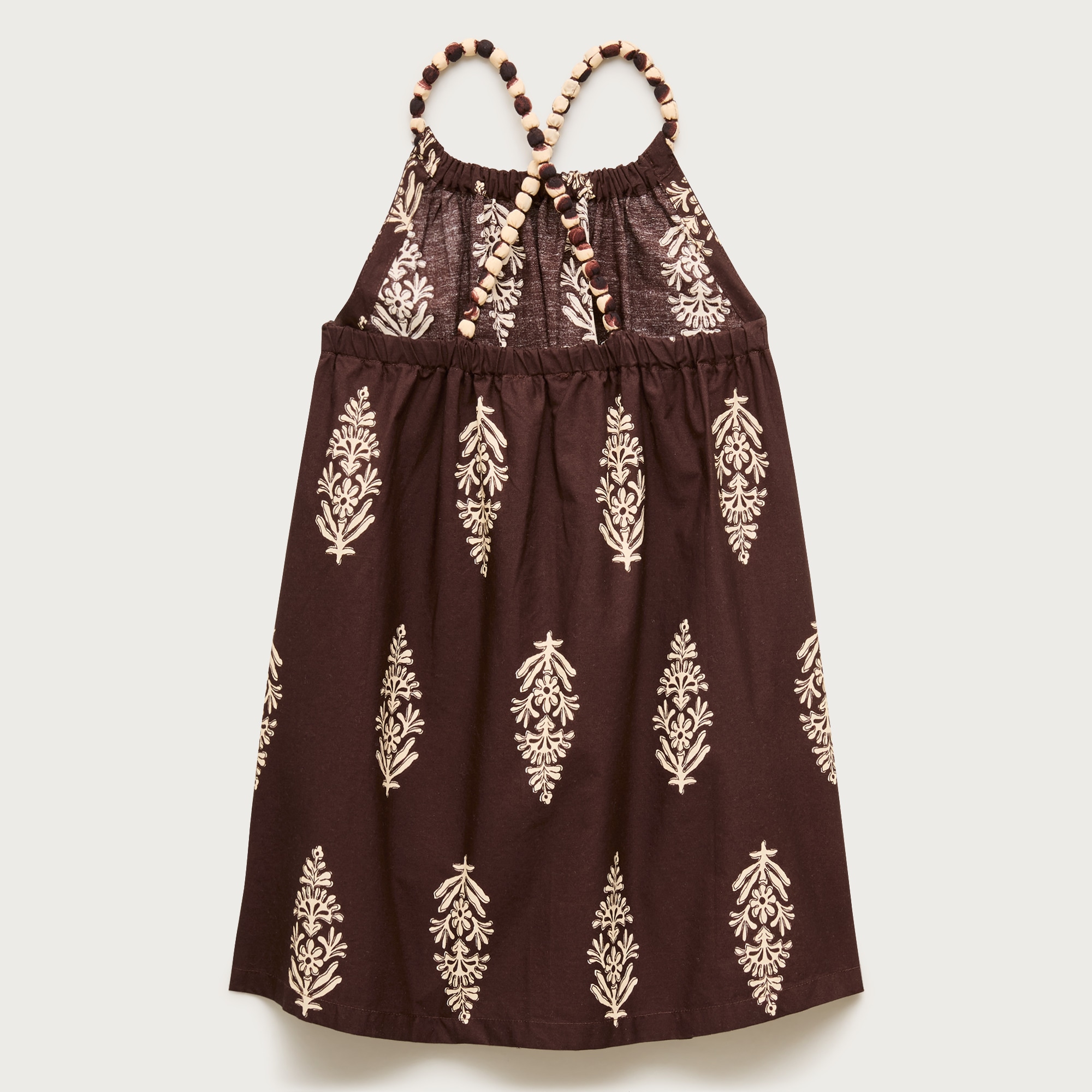 Girls' bubble-strap halter dress in cocoa block print