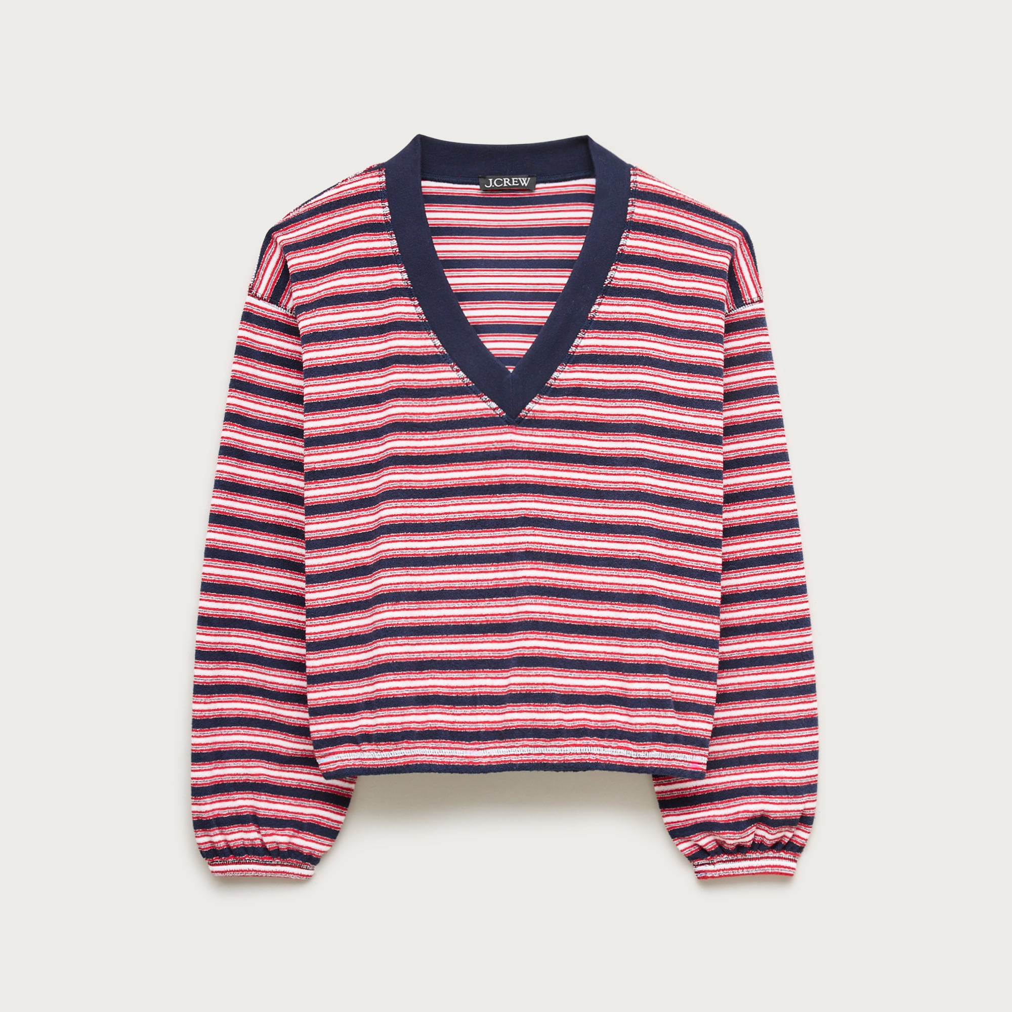 Towel terry V-neck sweatshirt in stripe from J.Crew - $100