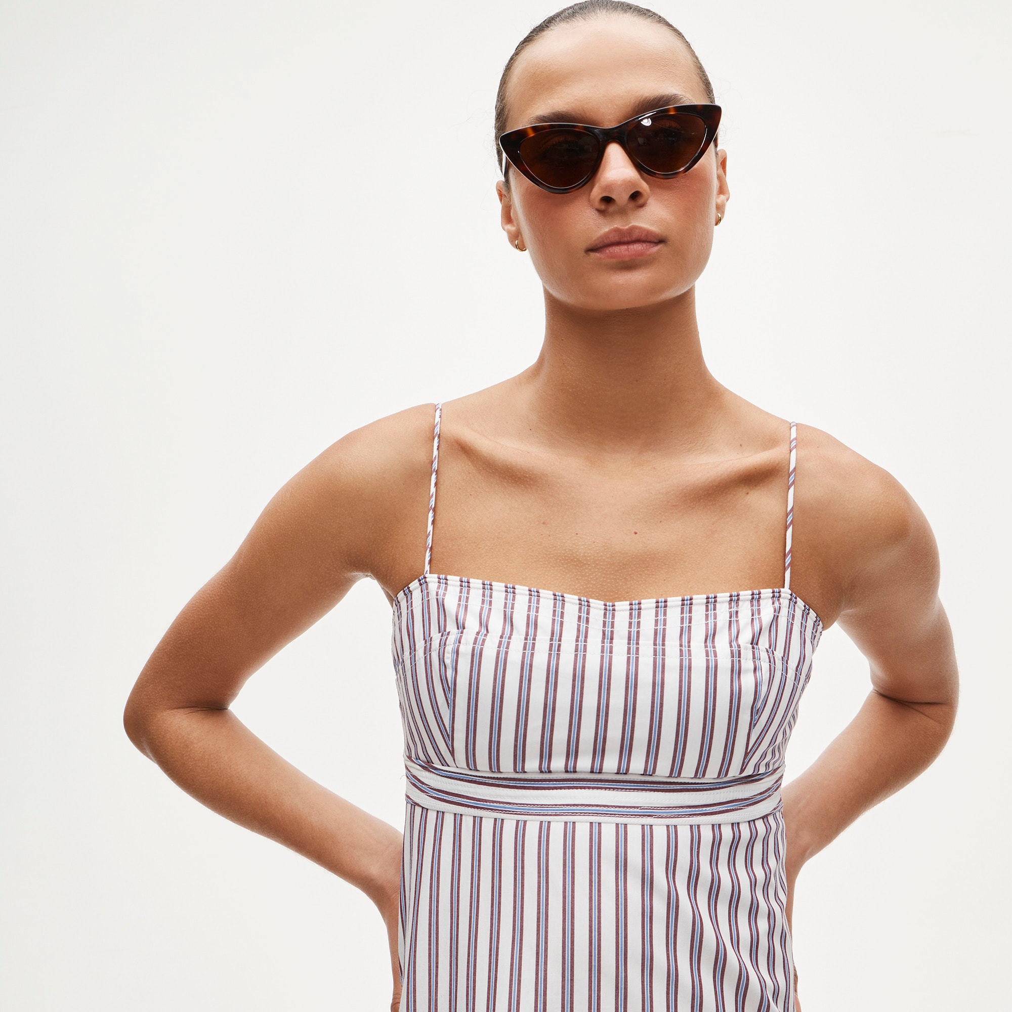 Empire-waist dress in striped cotton poplin
