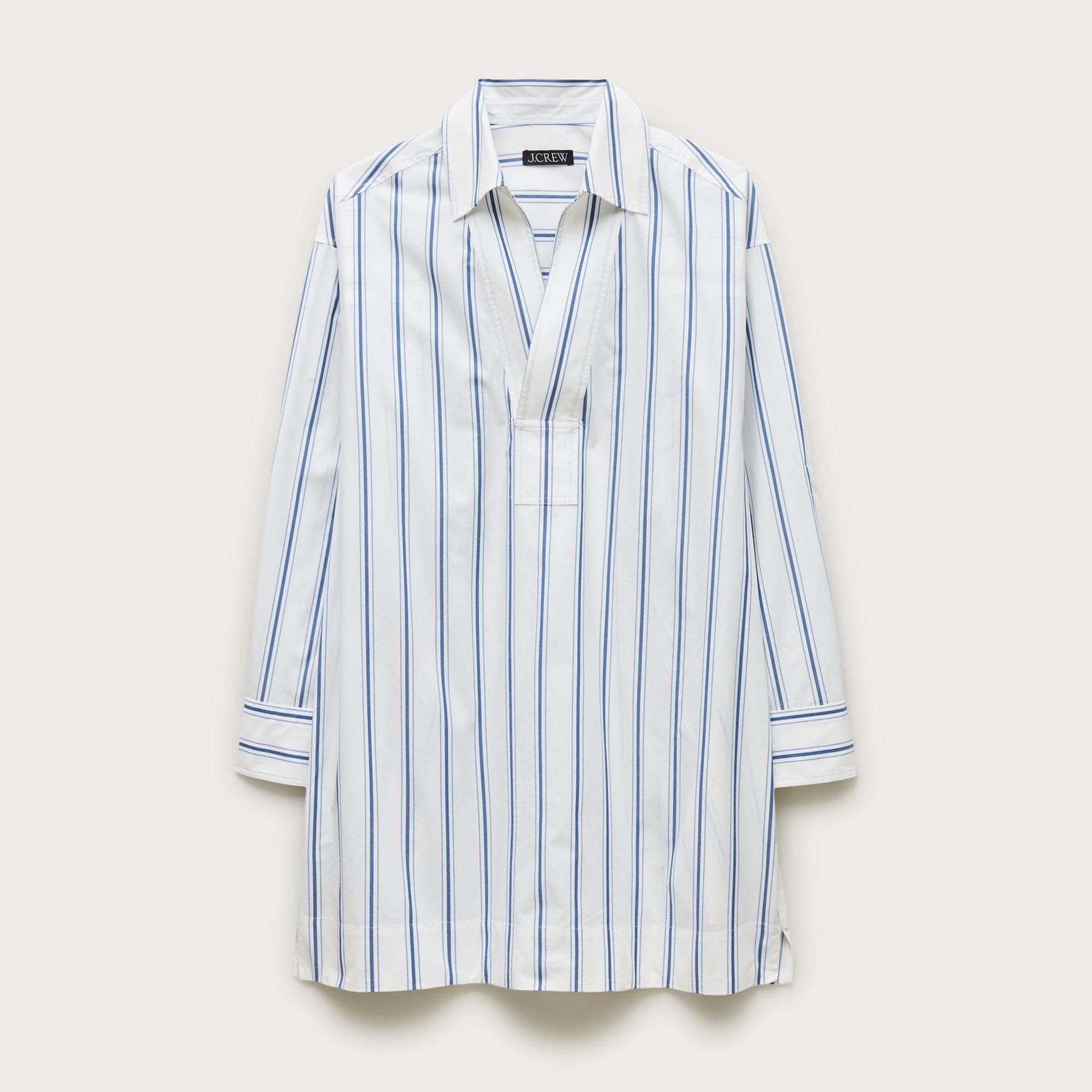 V-neck popover dress in striped cotton poplin