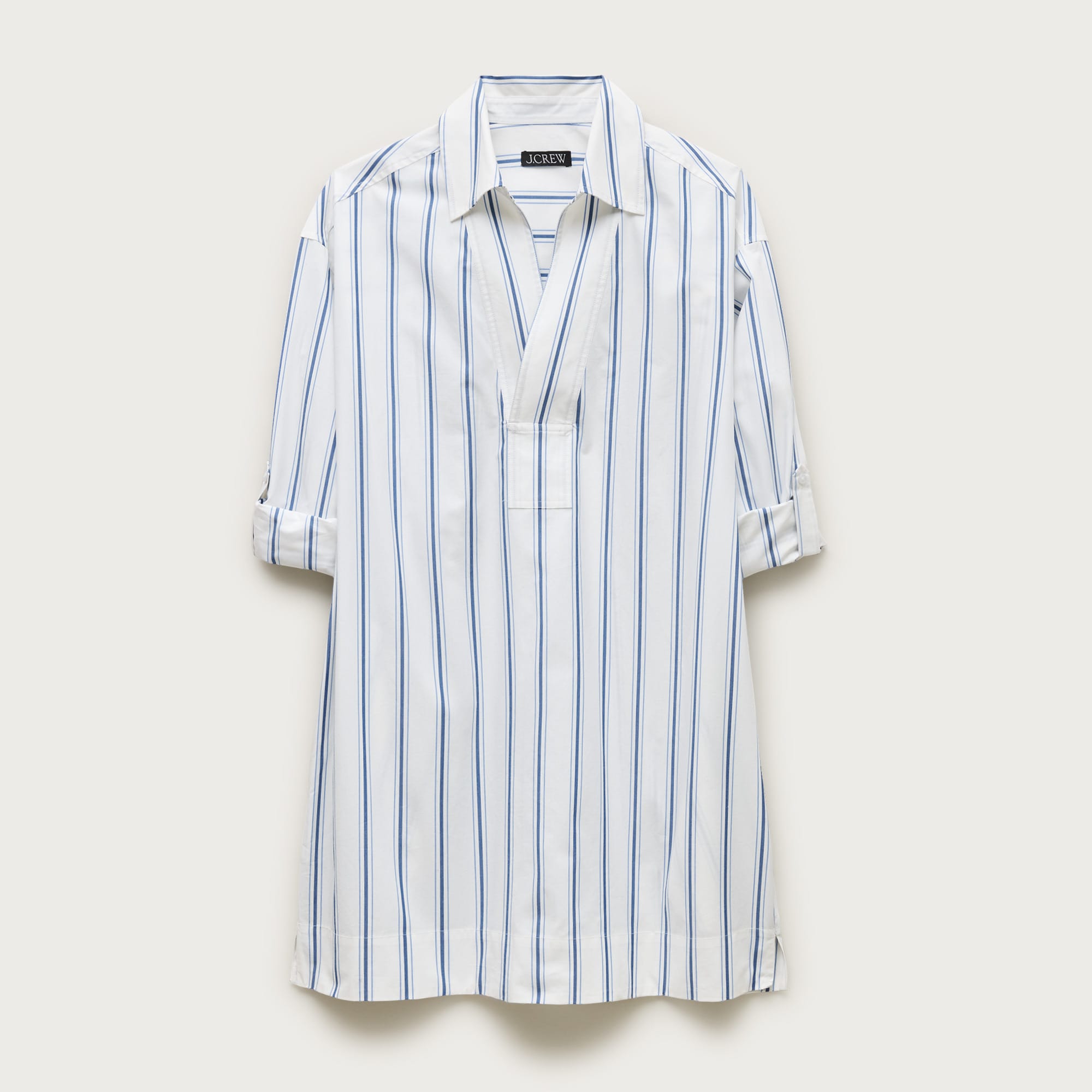 V-neck popover dress in striped cotton poplin