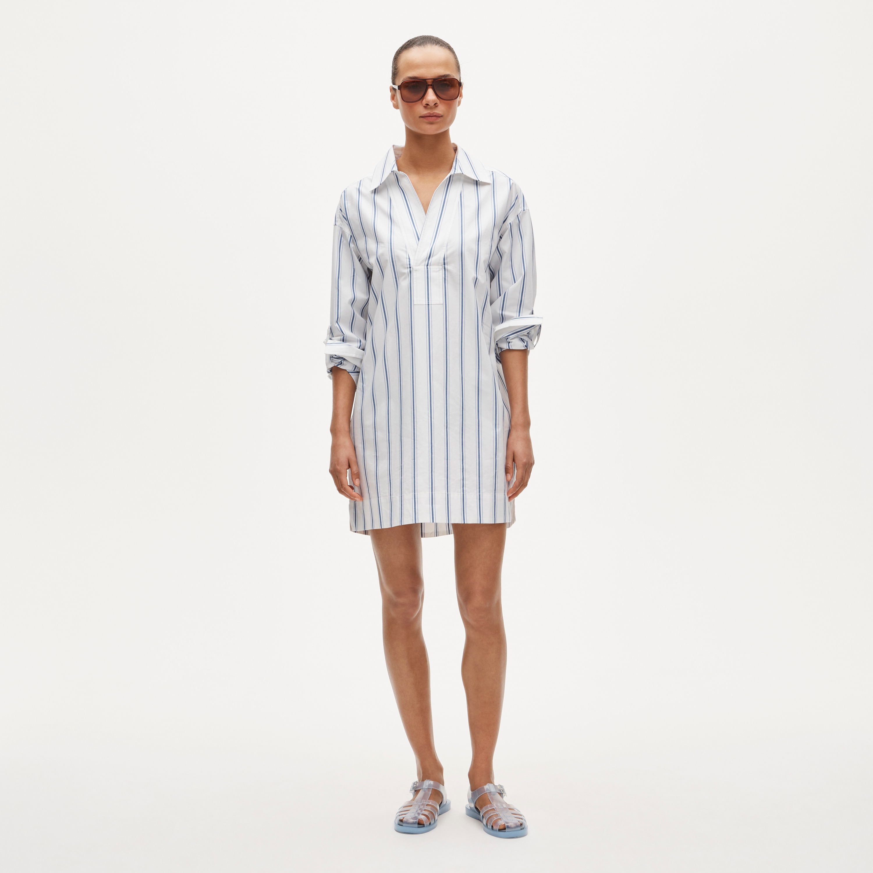 ワンピース WIRROW cupra cotton crew neck dress V-neck Popover Dress In Striped Cotton Poplin For Women | J.Crew