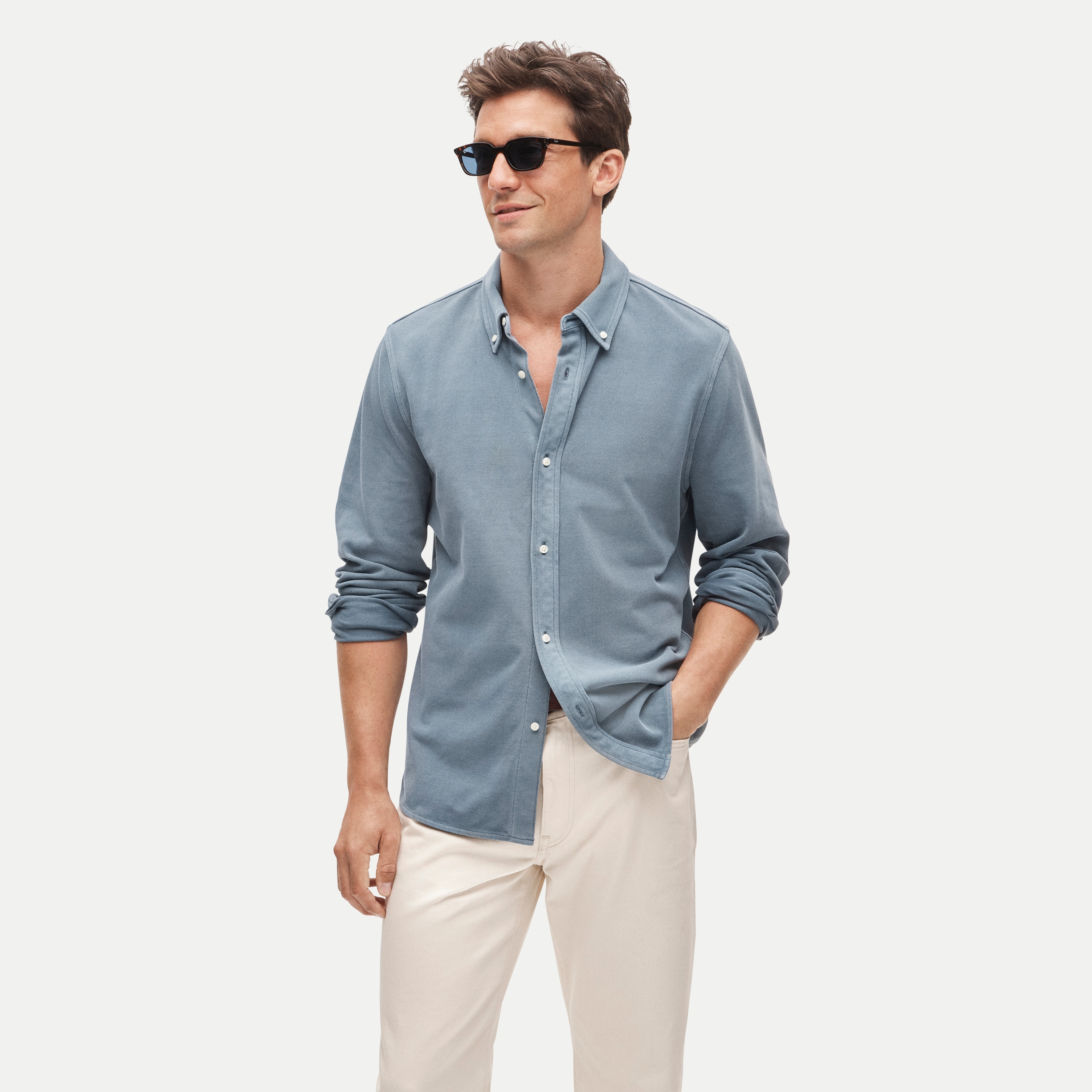Washed piqué button-down shirt