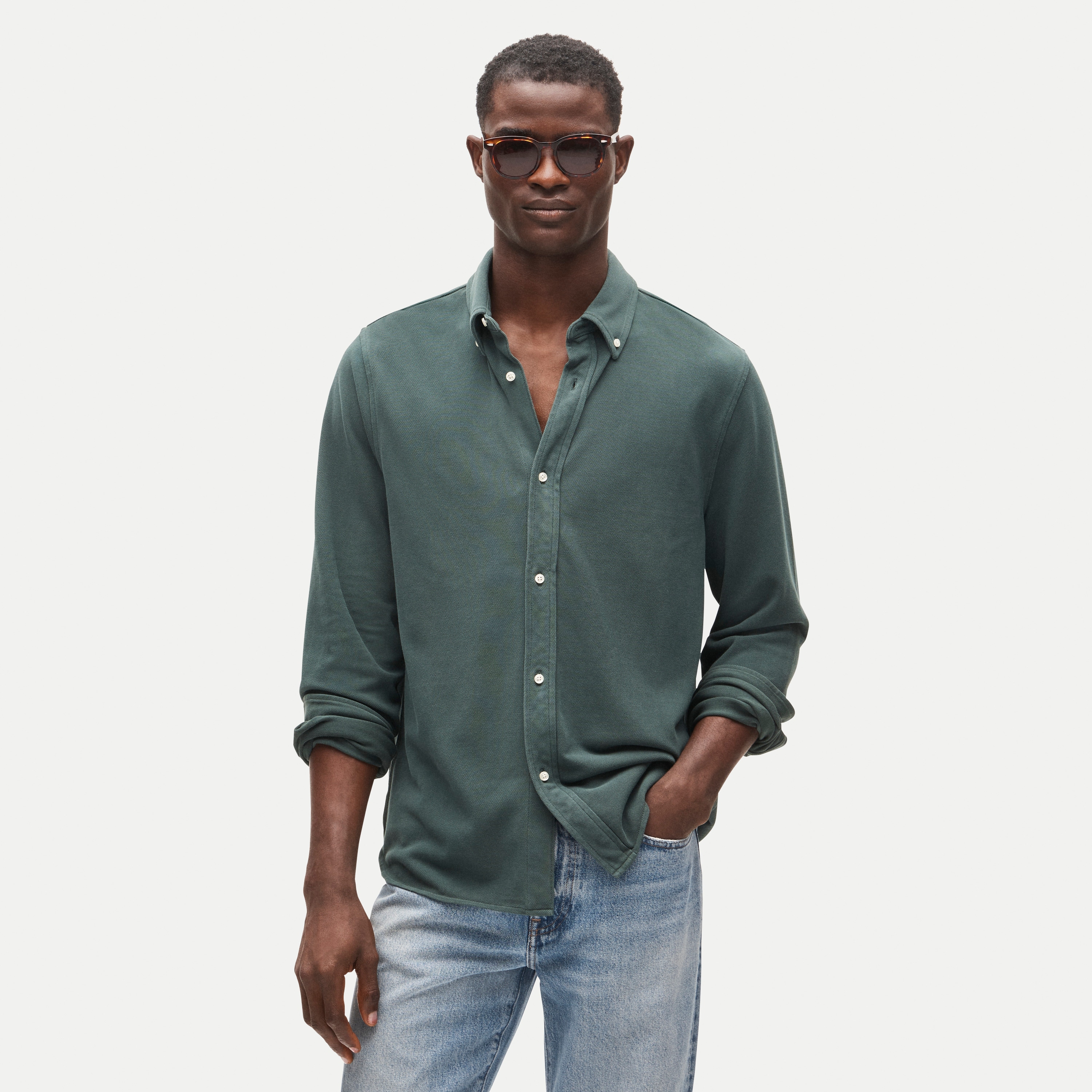Washed piqué button-down shirt