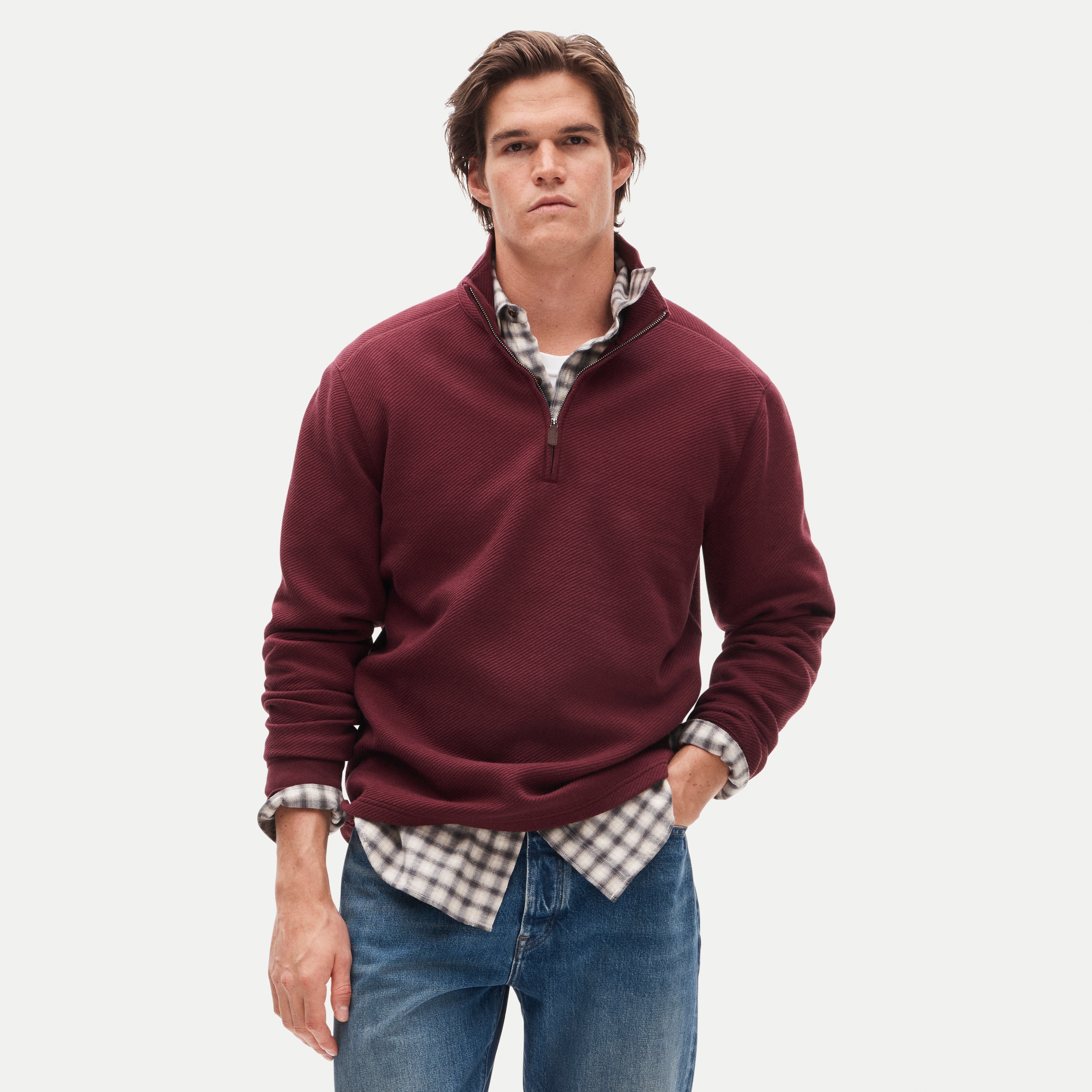 Quarter-zip pullover in jacquard twill