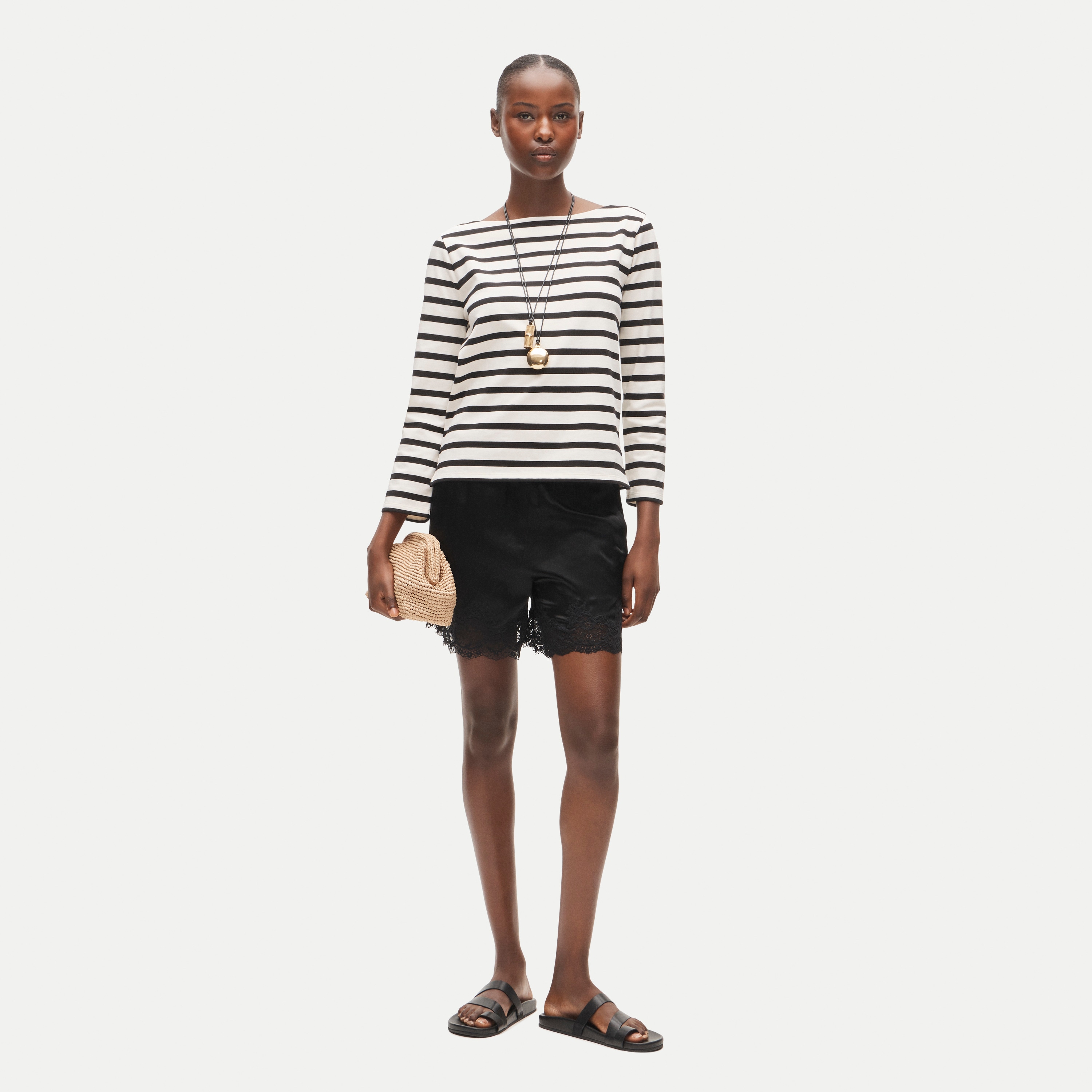 Boatneck T-shirt in striped heavyweight cotton