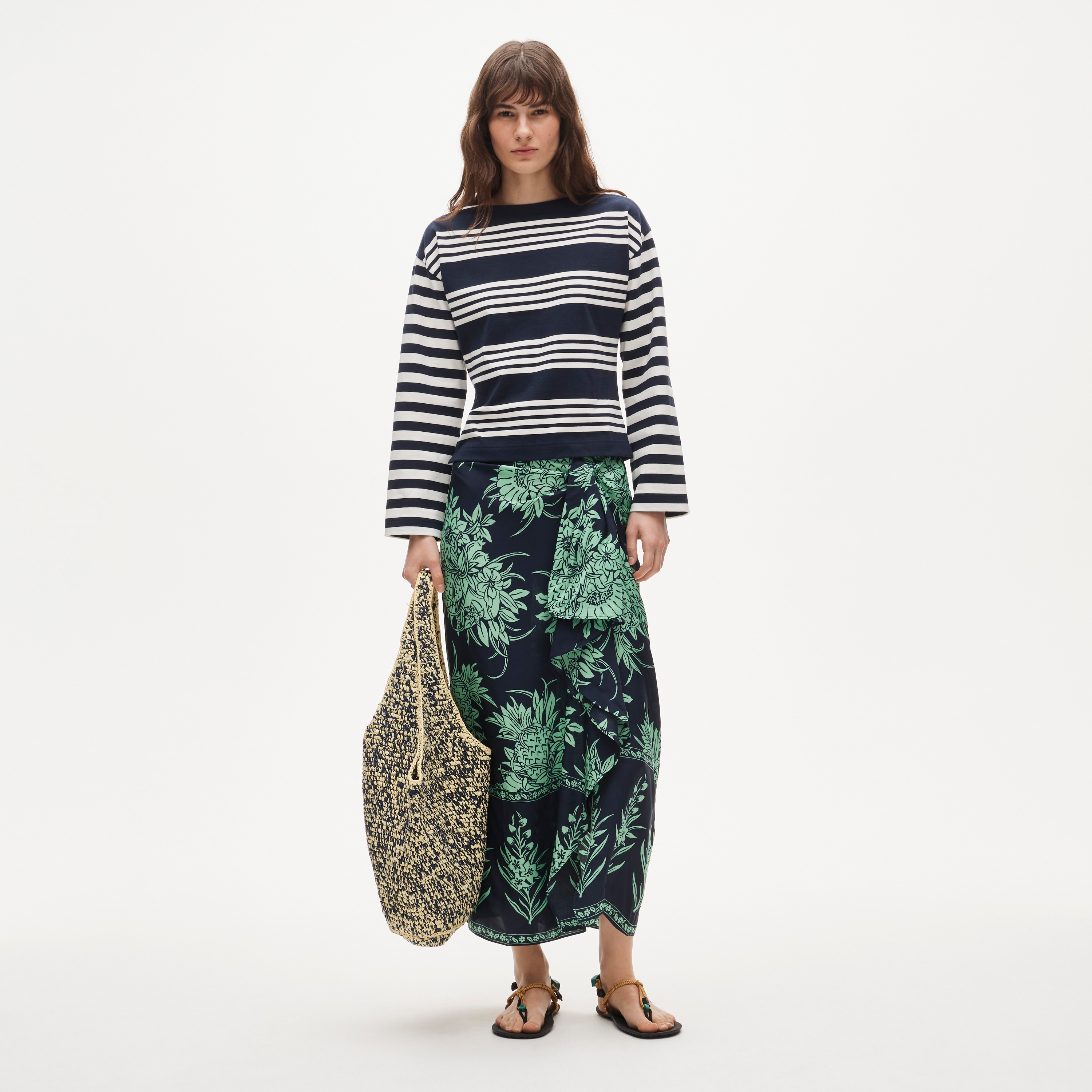 Cinched-waist shirt in striped heavyweight cotton