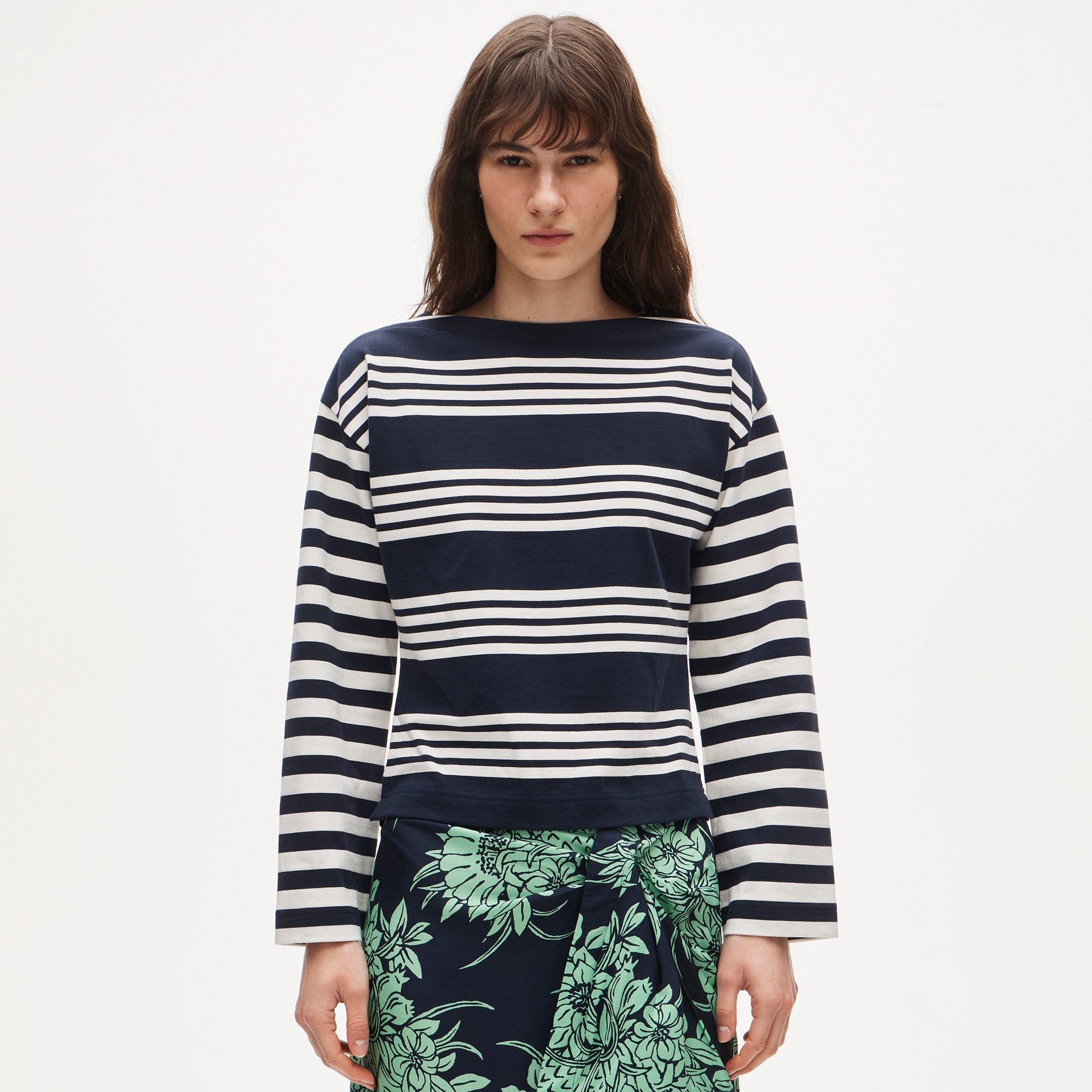 Cinched-waist shirt in striped heavyweight cotton