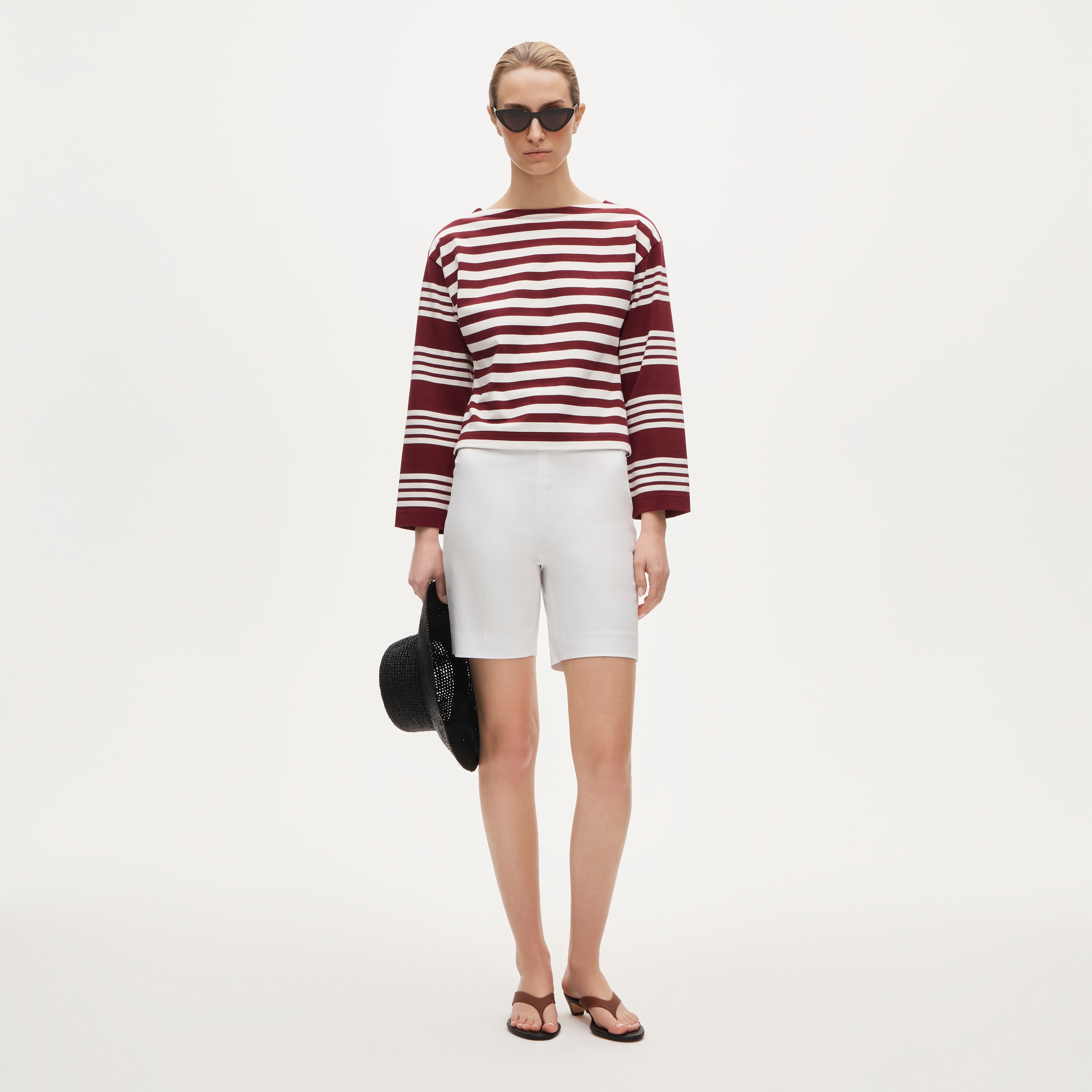 Cinched-waist shirt in striped heavyweight cotton