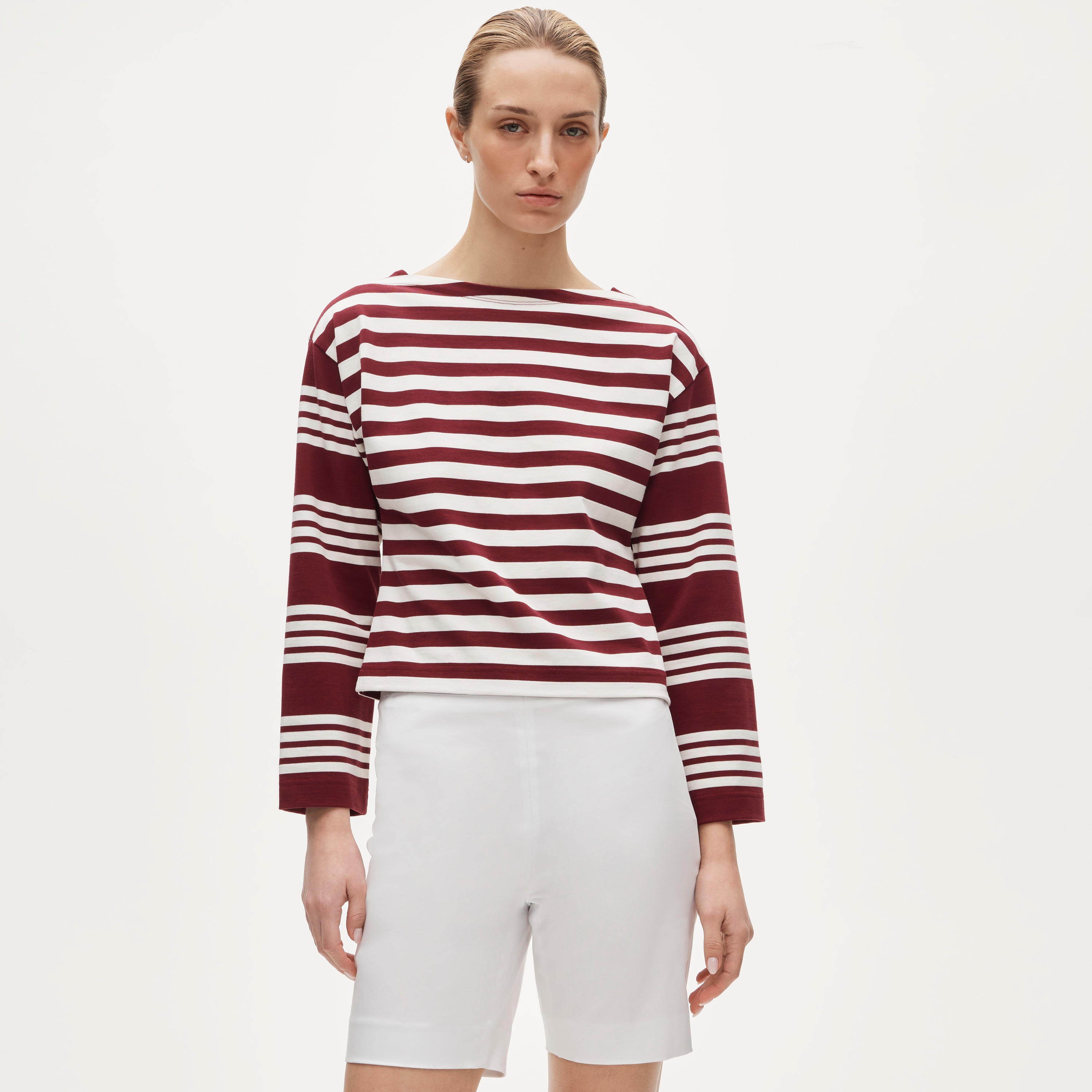 Cinched-waist shirt in striped heavyweight cotton