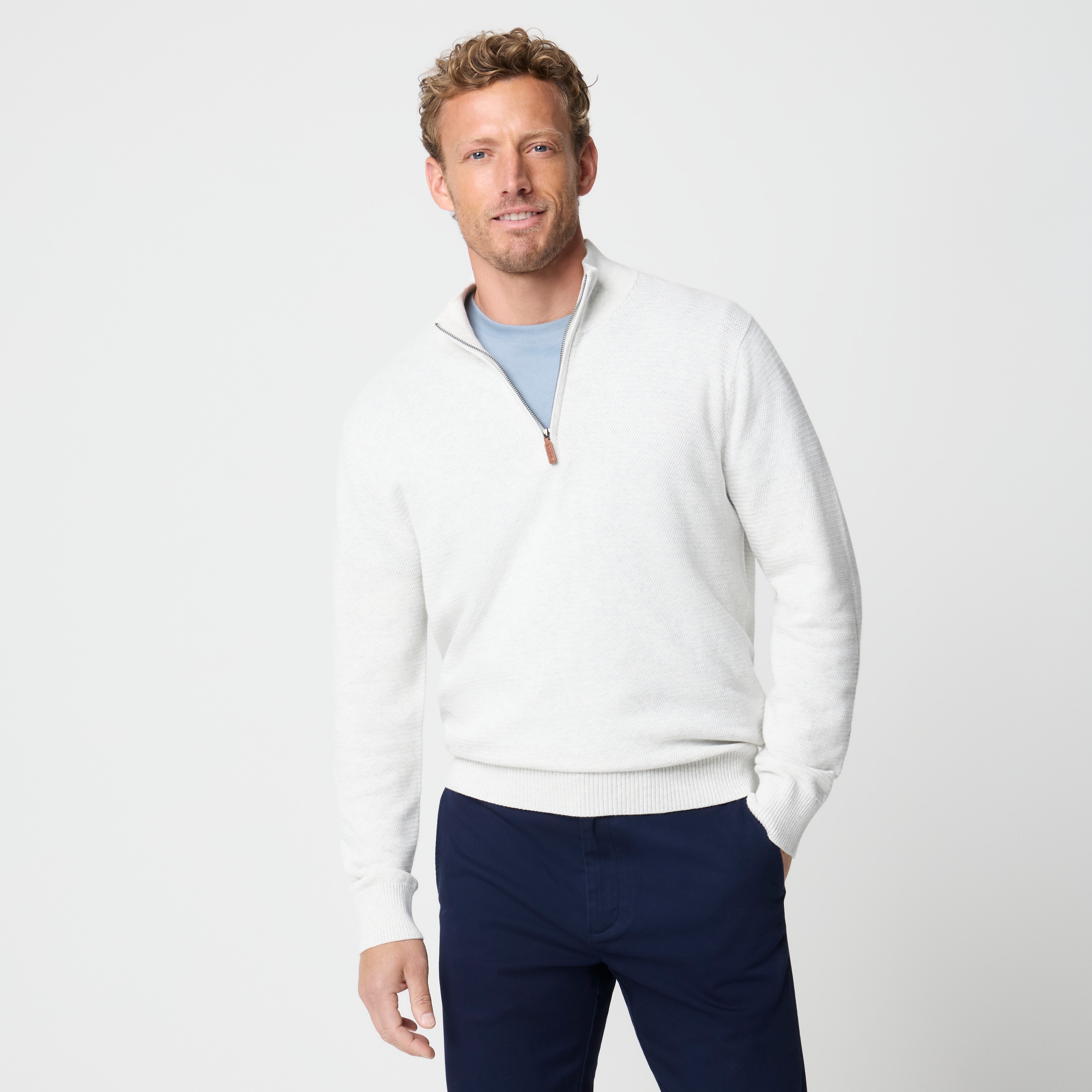 100% cotton basketweave quarter-zip sweater