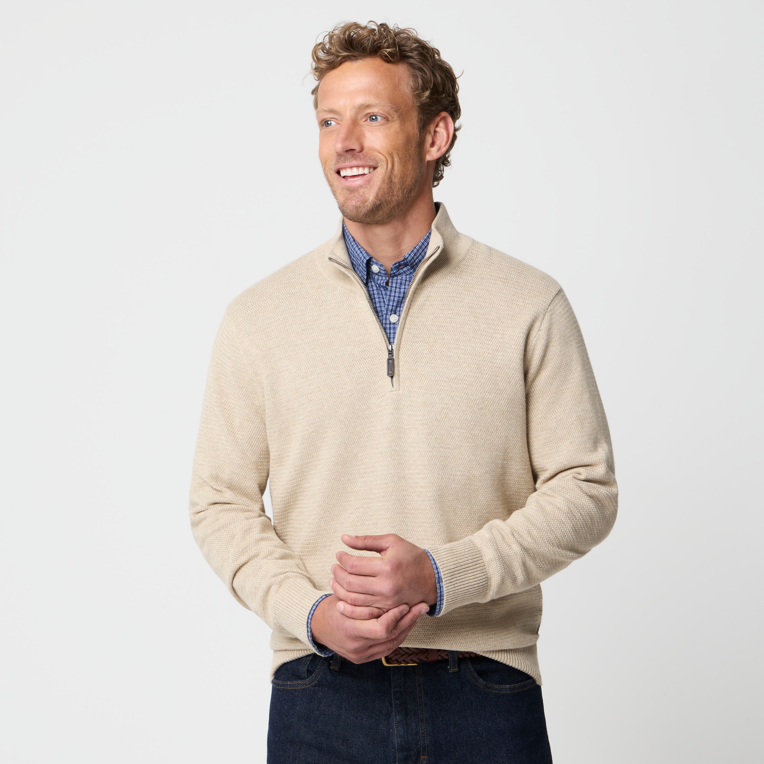 100% Cotton Basketweave Quarter-zip Sweater For Men | Factory